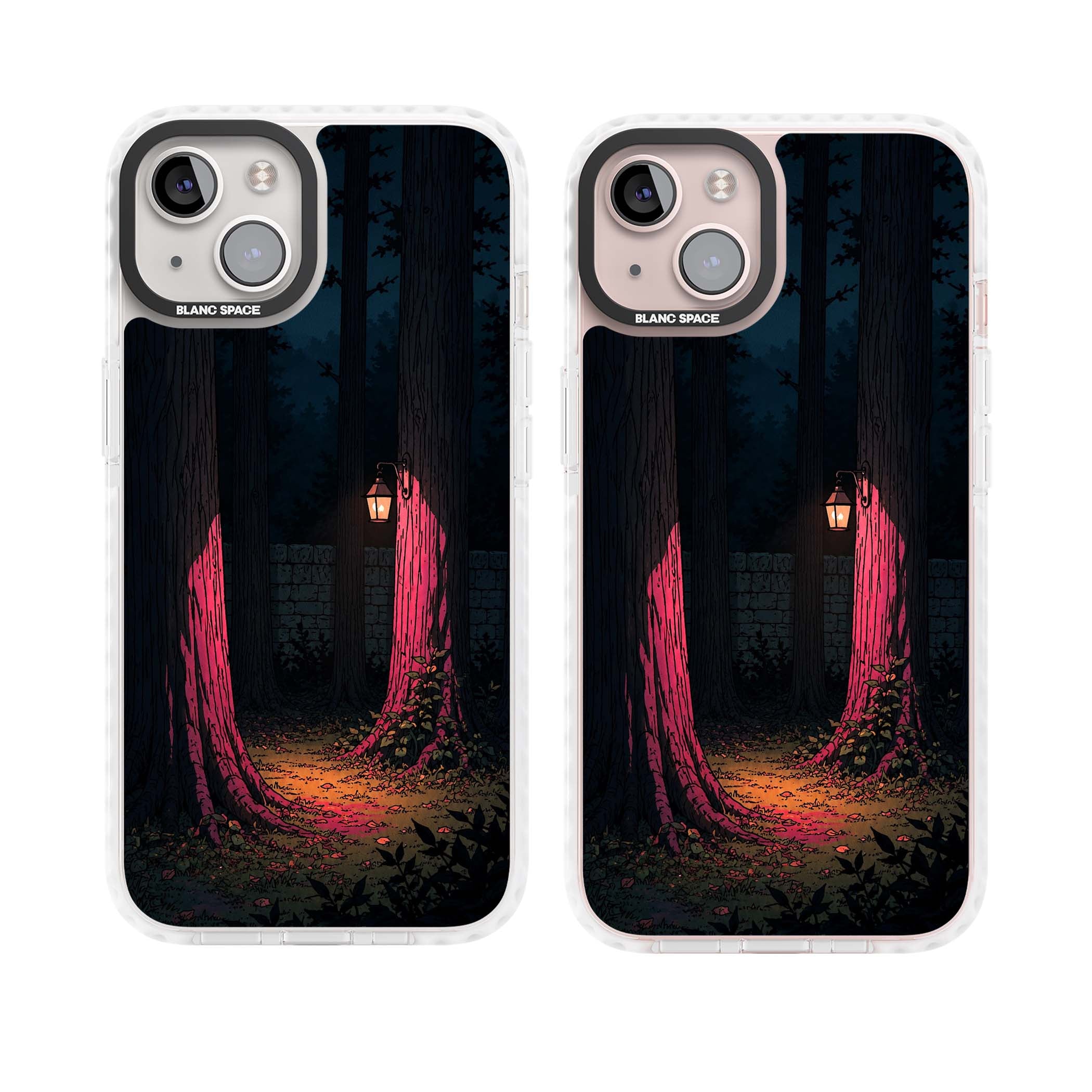 Forest Lantern dark academia iPhone case featuring a moonlit forest, glowing lantern, and stone wall pathway | Clear Impact case for iPhone 13, iPhone 14, iPhone 15