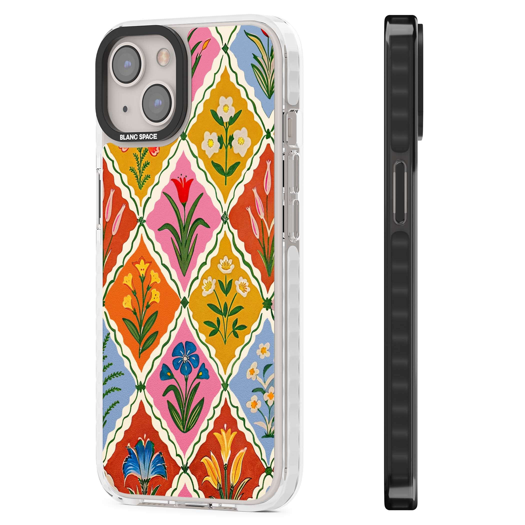 Floral Quilt boho floral iPhone case featuring diamond lattice pattern, hand-painted tulips and folk art wildflowers | Clear Impact case for iPhone 13, iPhone 14, iPhone 15