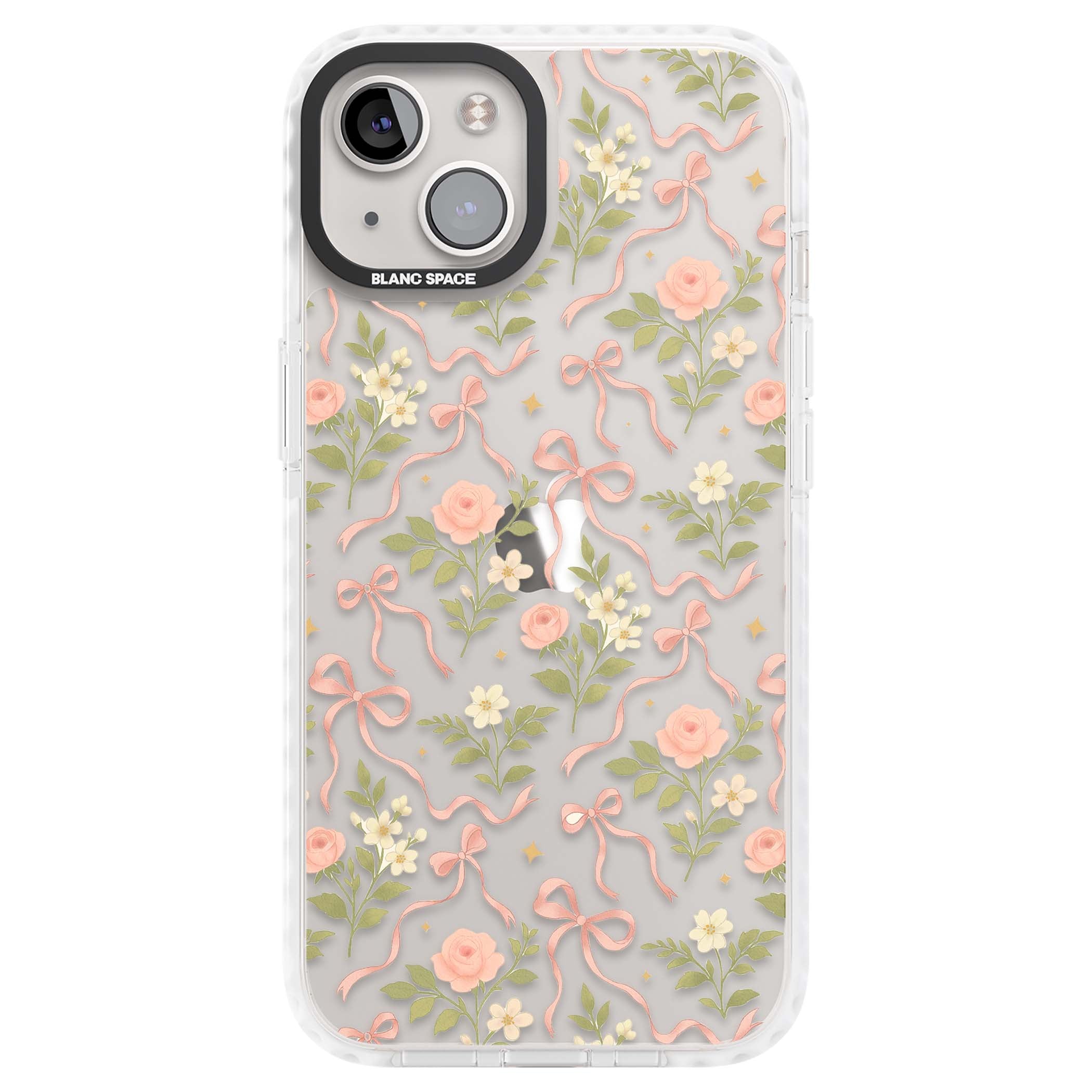 Ribbon Garden coquette iPhone case featuring pink bows, peach roses and wildflowers on white background | Clear Impact case for iPhone 13, iPhone 14, iPhone 15