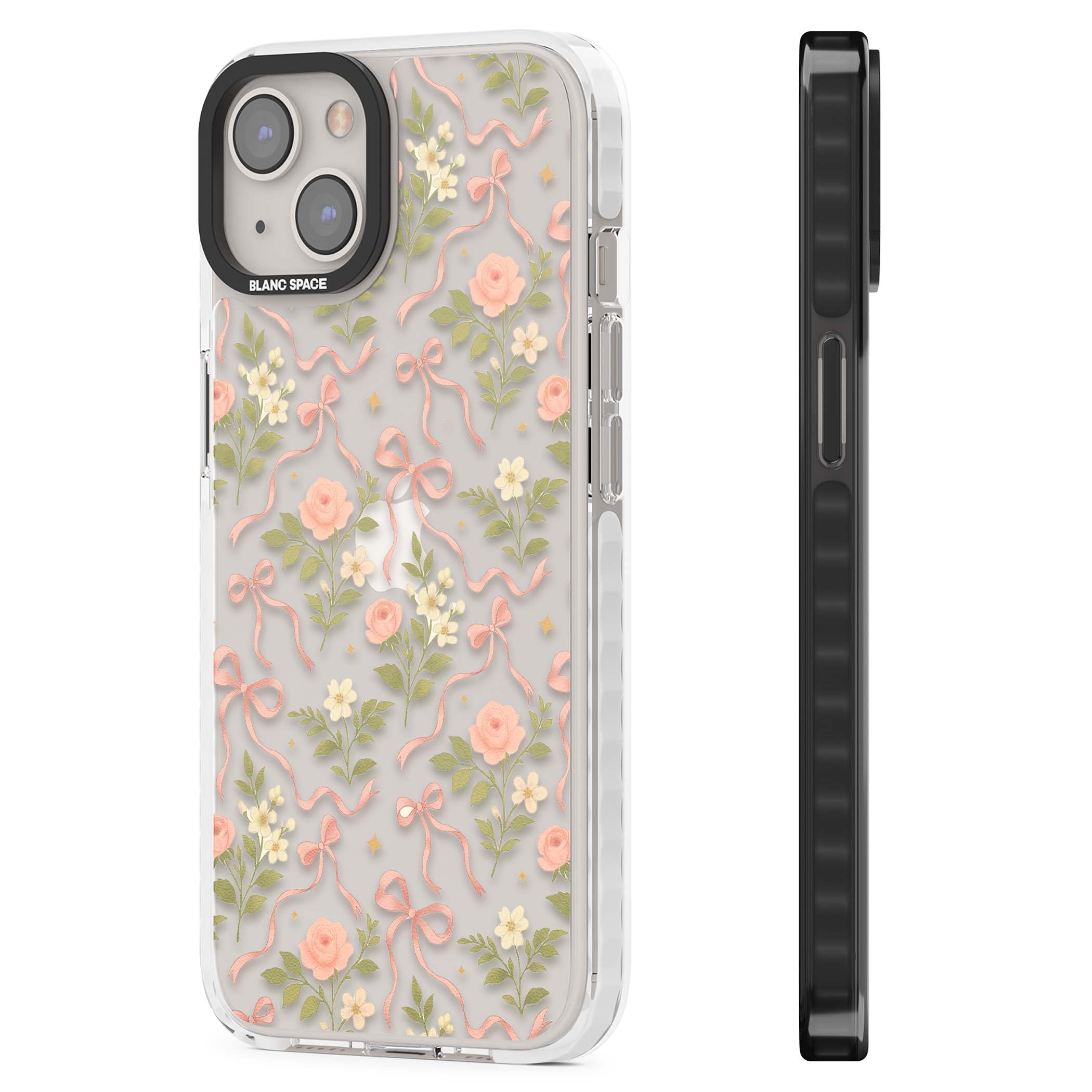 Ribbon Garden coquette iPhone case featuring pink bows, peach roses and wildflowers on white background | Clear Impact case for iPhone 13, iPhone 14, iPhone 15