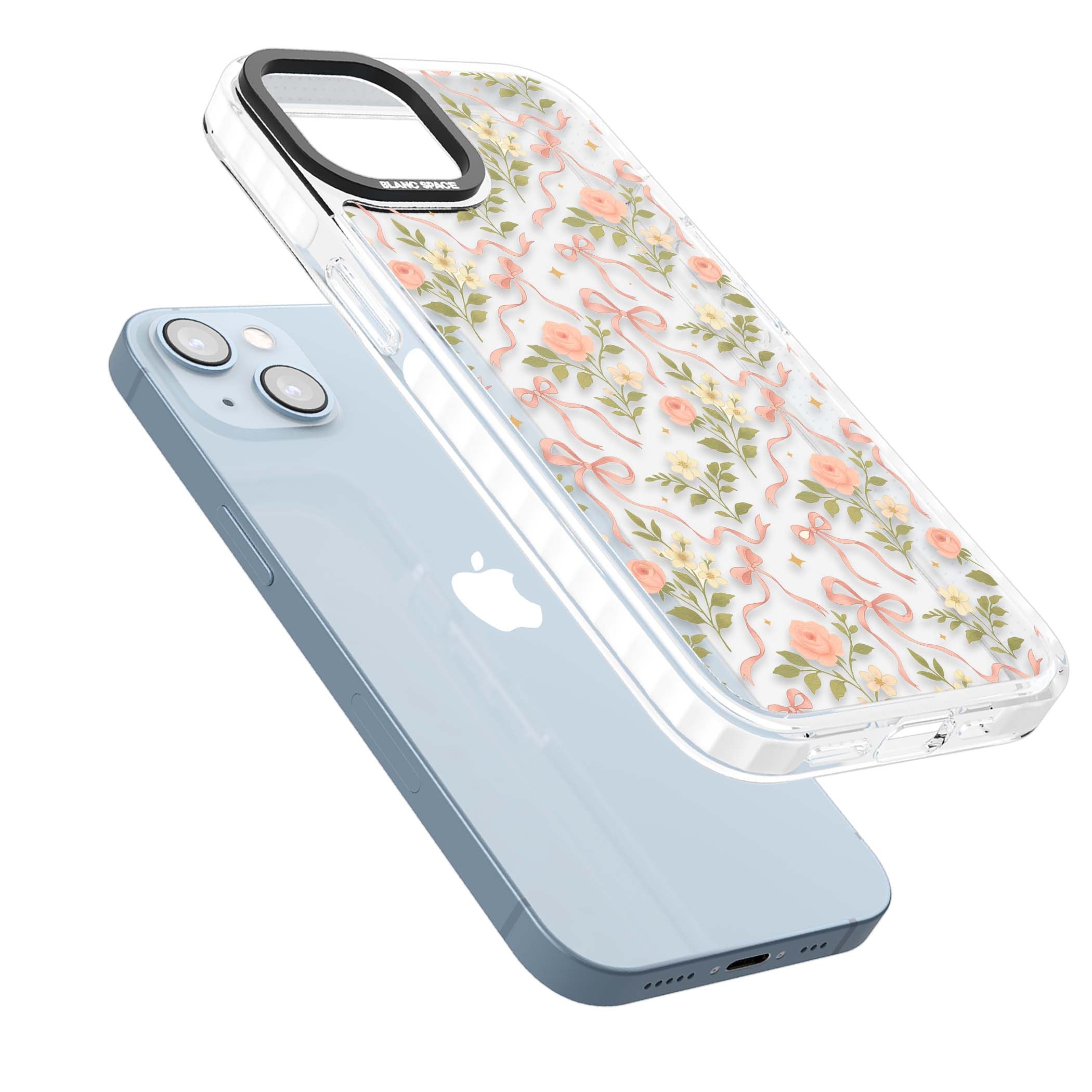 Ribbon Garden coquette iPhone case featuring pink bows, peach roses and wildflowers on white background | Clear Impact case for iPhone 13, iPhone 14, iPhone 15