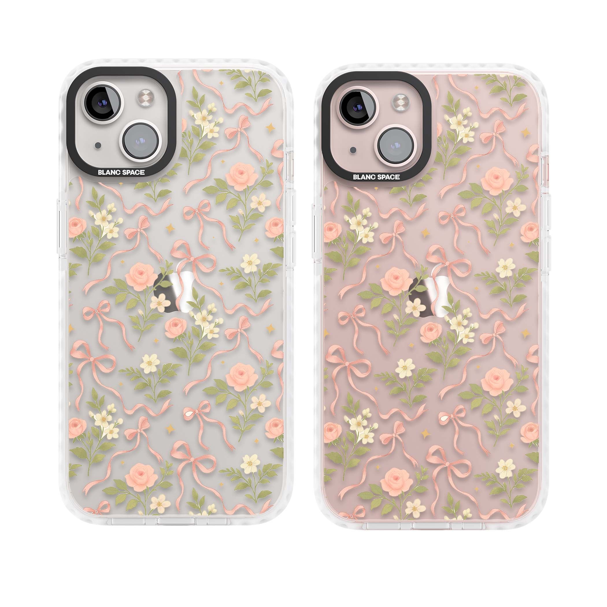 Ribbon Garden coquette iPhone case featuring pink bows, peach roses and wildflowers on white background | Clear Impact case for iPhone 13, iPhone 14, iPhone 15