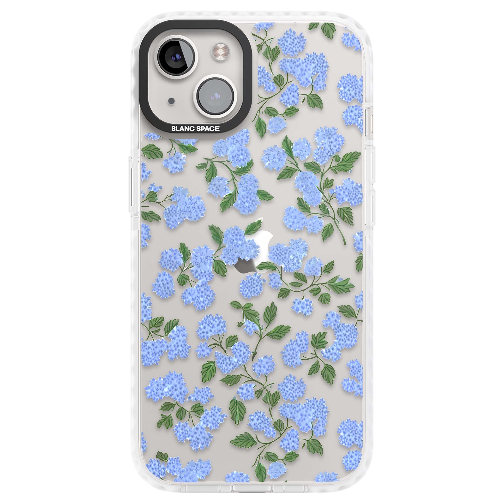 Hydrangea Dreams cottagecore iPhone case featuring soft blue hydrangea flower clusters and green leaves | Clear Impact case for iPhone 13, iPhone 14, iPhone 15