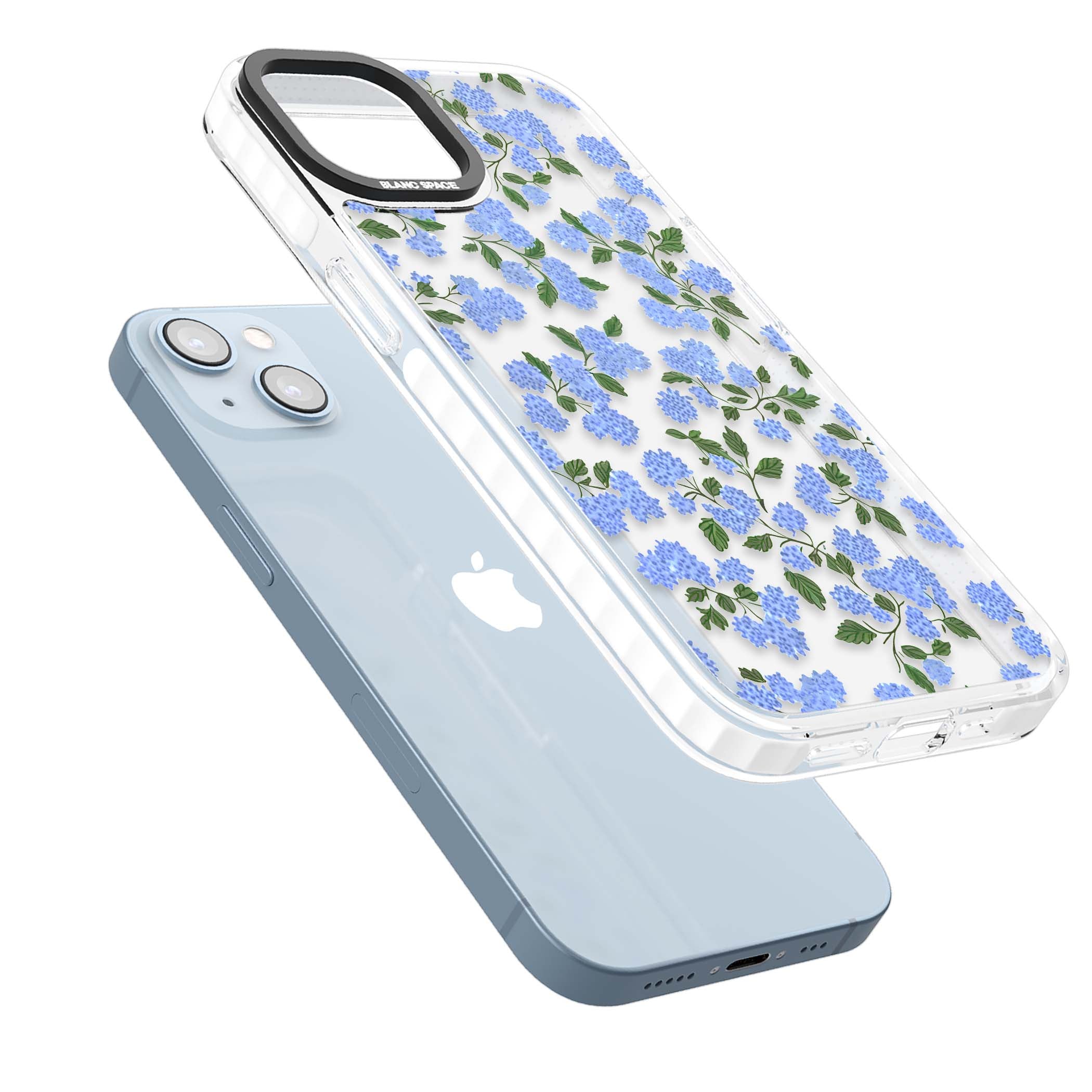 Hydrangea Dreams cottagecore iPhone case featuring soft blue hydrangea flower clusters and green leaves | Clear Impact case for iPhone 13, iPhone 14, iPhone 15