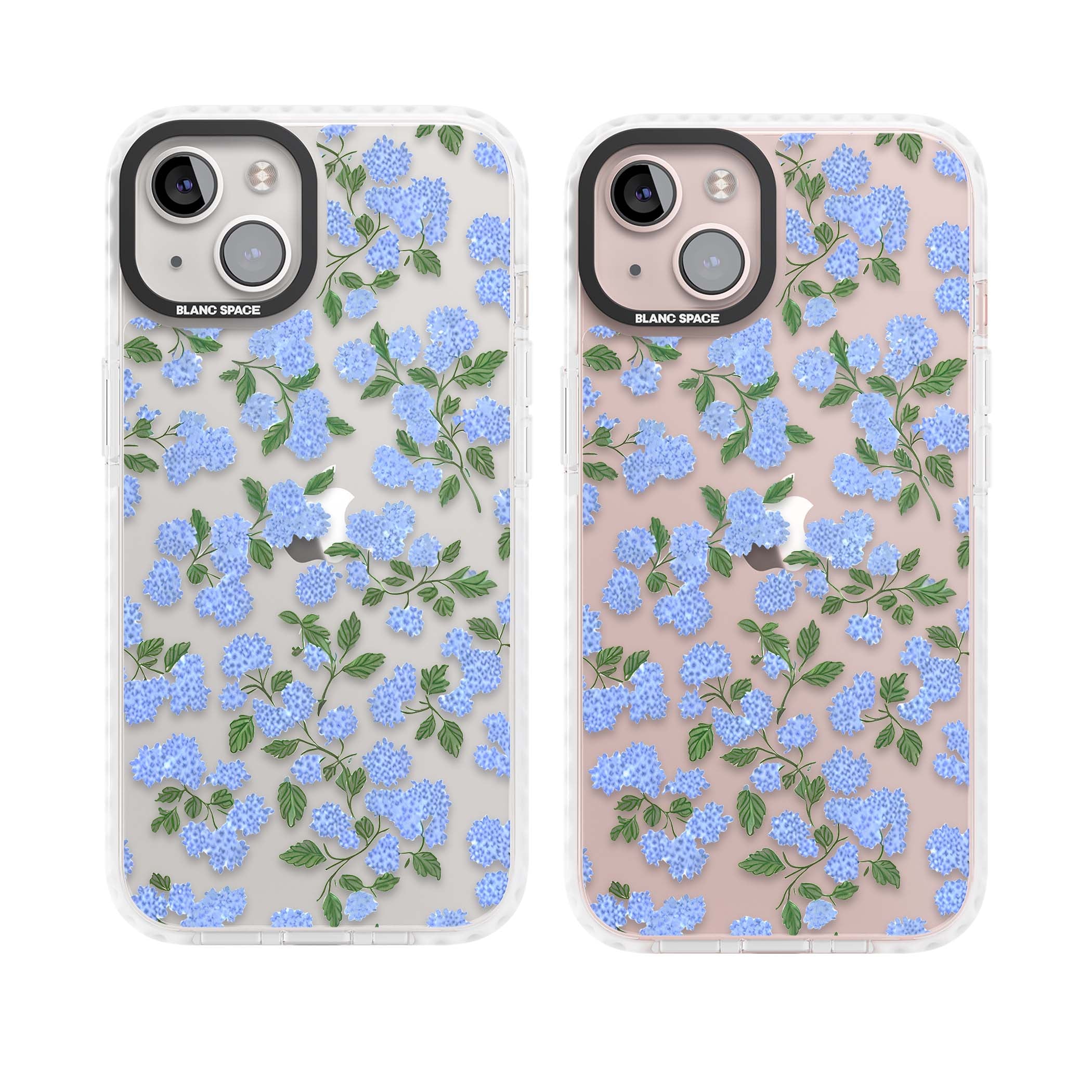 Hydrangea Dreams cottagecore iPhone case featuring soft blue hydrangea flower clusters and green leaves | Clear Impact case for iPhone 13, iPhone 14, iPhone 15