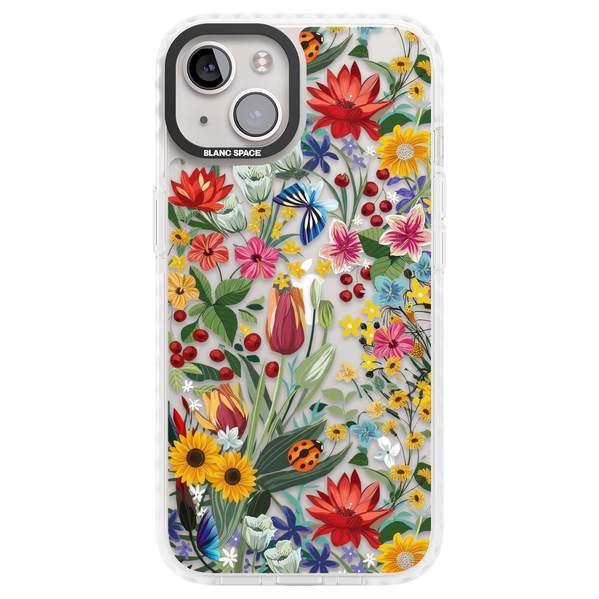 Botanical Bloom cottagecore iPhone case featuring colorful wildflowers, sunflowers, and ladybugs on clear background | Clear Impact case for iPhone 13, iPhone 14, iPhone 15