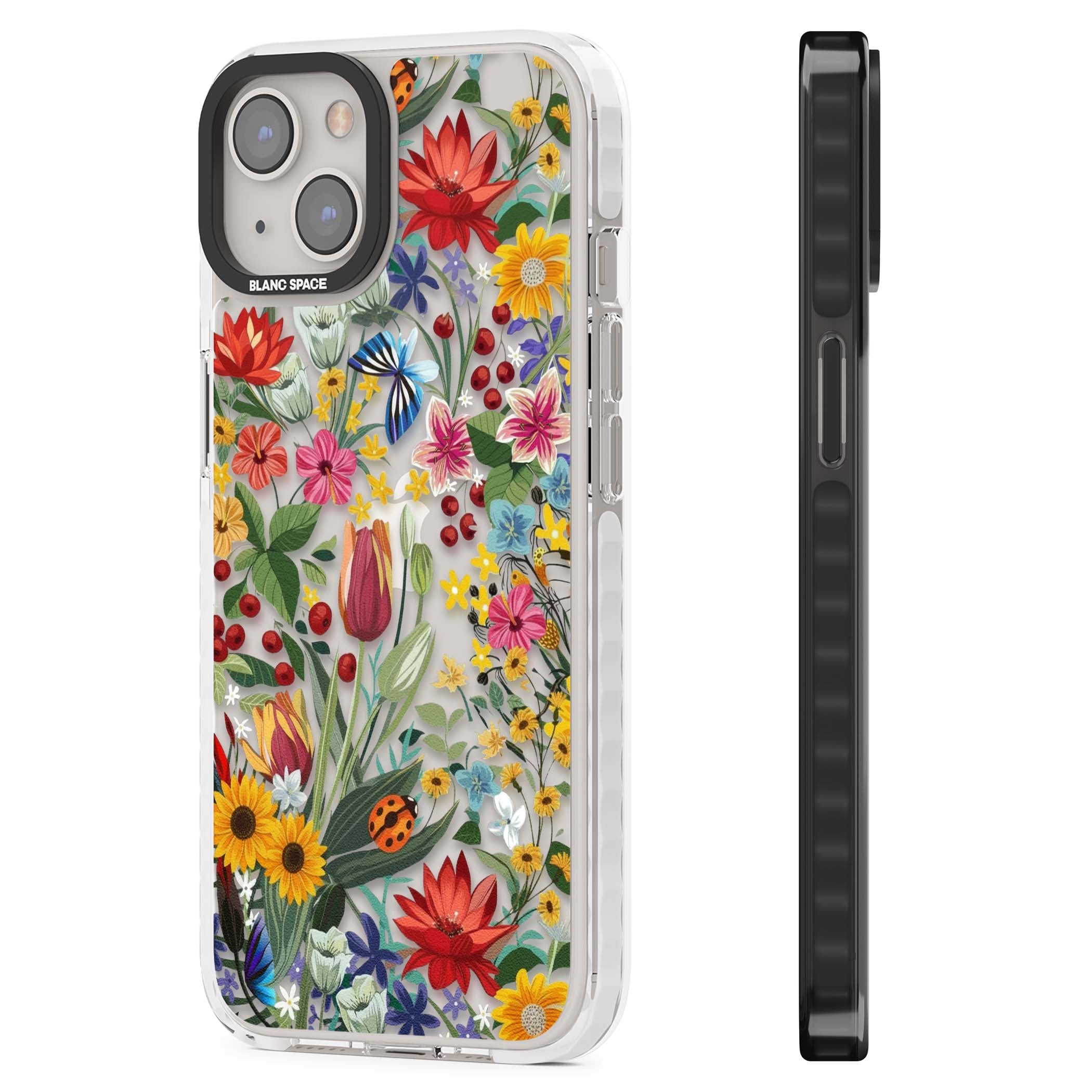 Botanical Bloom cottagecore iPhone case featuring colorful wildflowers, sunflowers, and ladybugs on clear background | Clear Impact case for iPhone 13, iPhone 14, iPhone 15