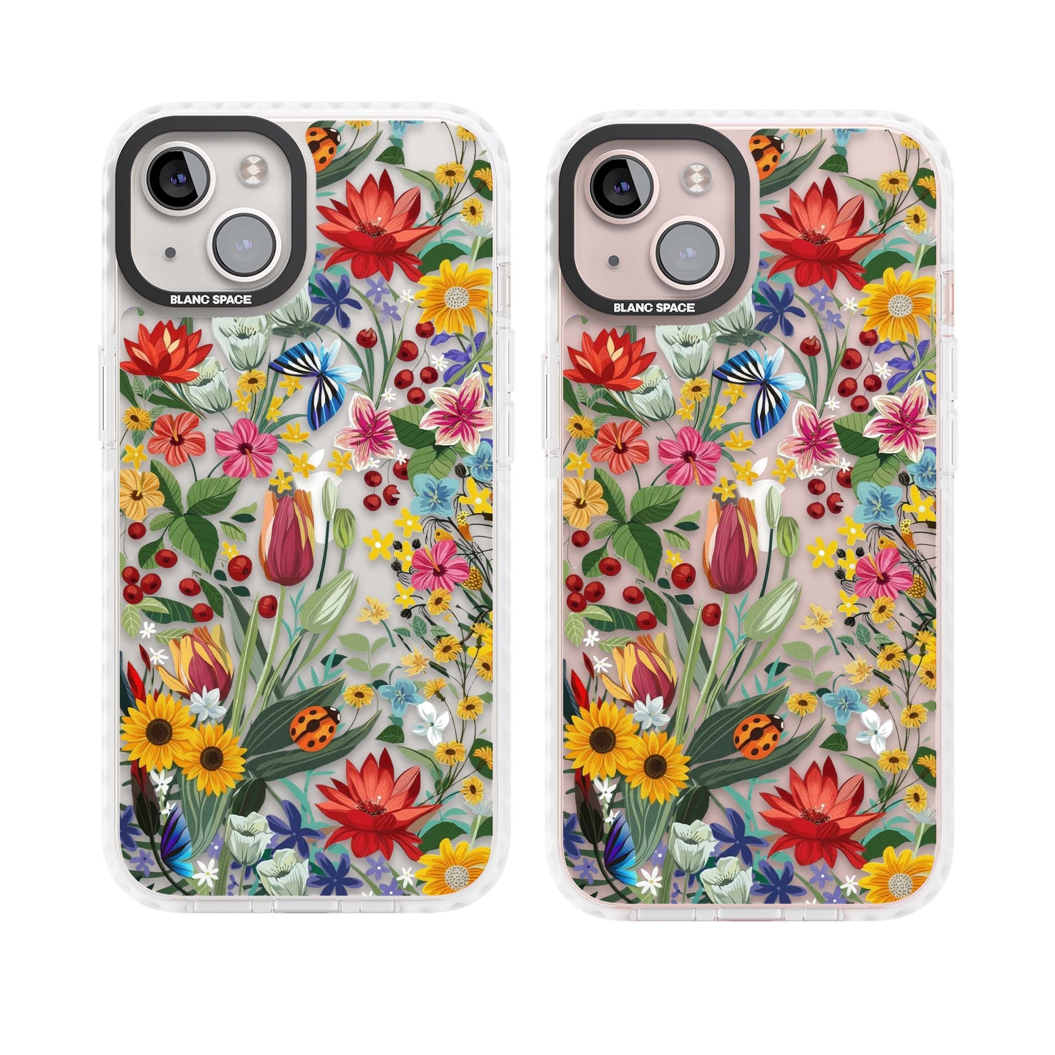 Botanical Bloom cottagecore iPhone case featuring colorful wildflowers, sunflowers, and ladybugs on clear background | Clear Impact case for iPhone 13, iPhone 14, iPhone 15