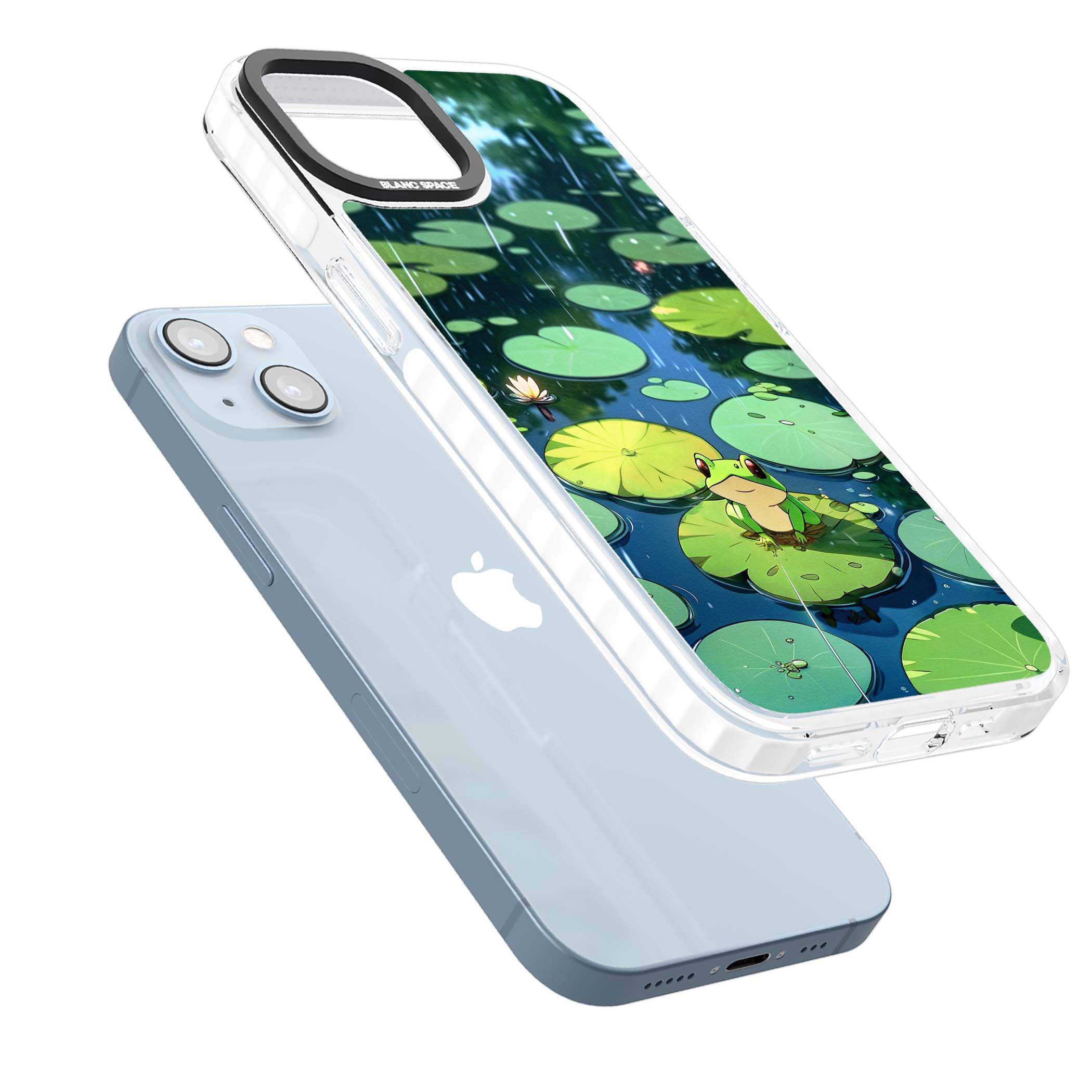 Frog In Lily Pond cottagecore iPhone case featuring a cute green frog on a lily pad with falling rain and a lotus flower | Clear Impact case for iPhone 13, iPhone 14, iPhone 15