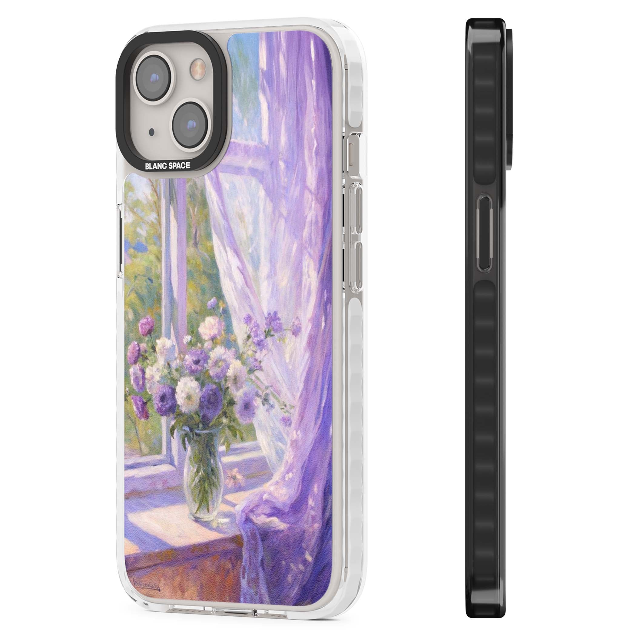 A Provence Morning impressionist art iPhone case featuring a vase of purple flowers, sunlit window and sheer curt | Clear Impact case for iPhone 13, iPhone 14, iPhone 15