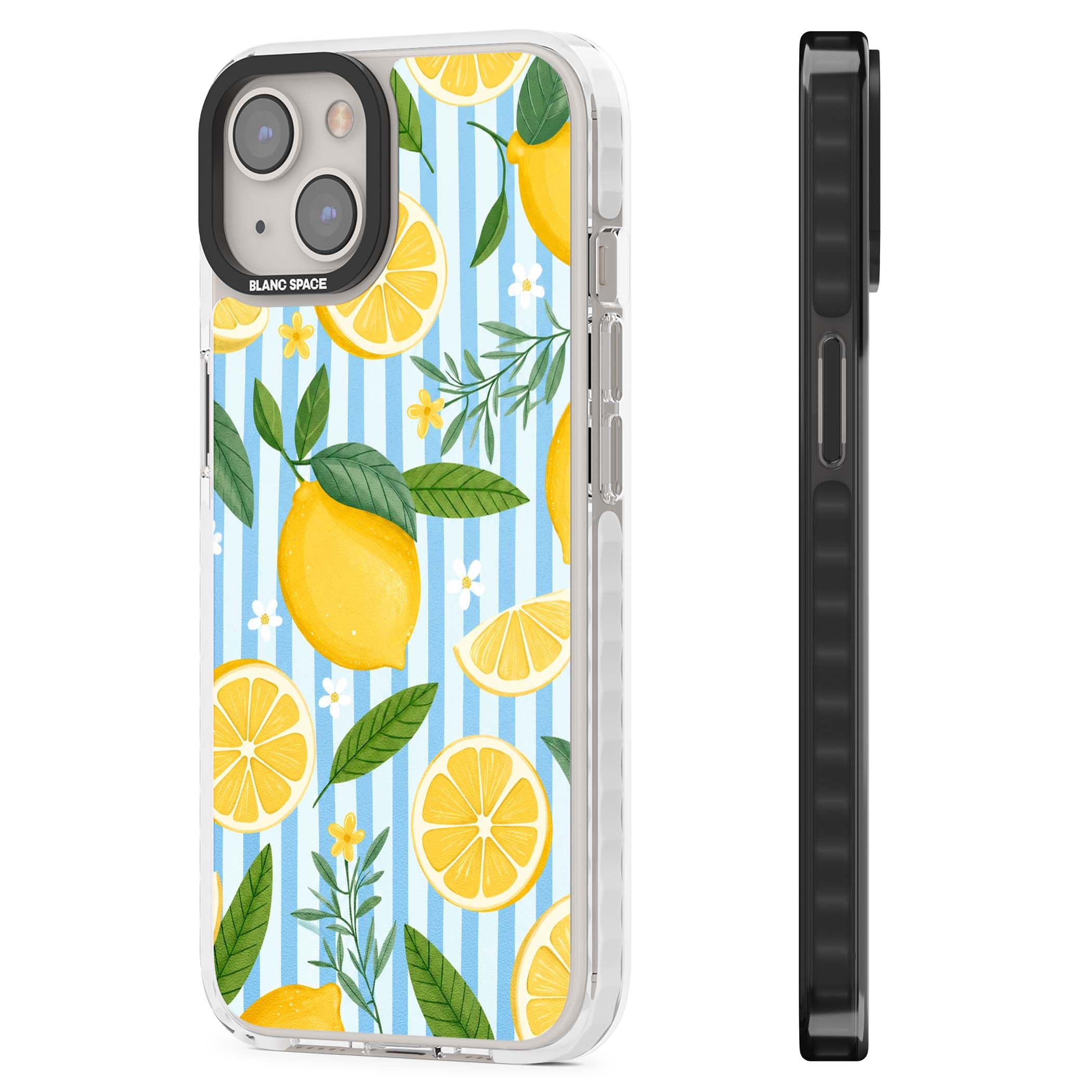 Capri Citrus Stripe coastal iPhone case featuring yellow lemons, blue stripes, and white daisy blossoms | Clear Impact case for iPhone 13, iPhone 14, iPhone 15