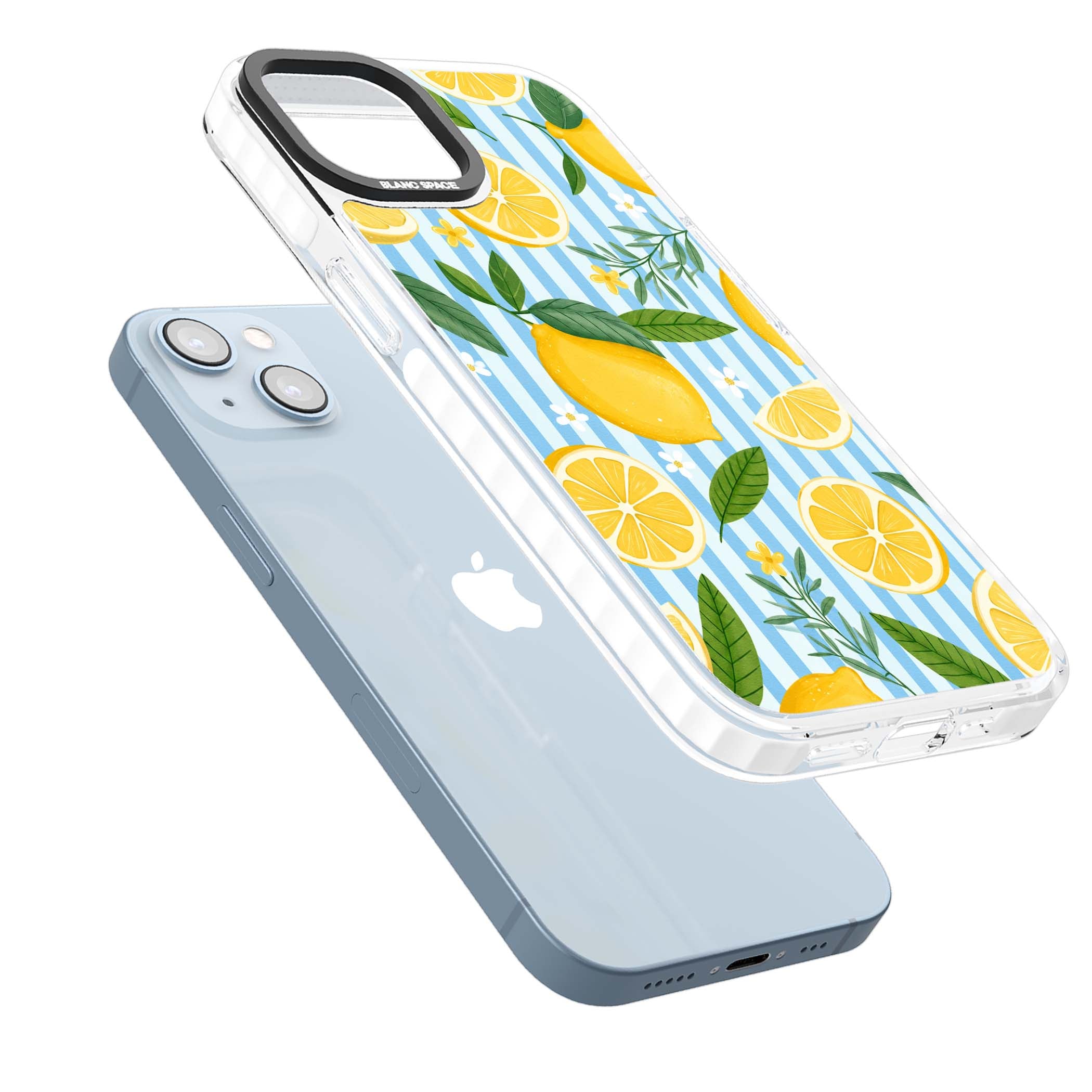 Capri Citrus Stripe coastal iPhone case featuring yellow lemons, blue stripes, and white daisy blossoms | Clear Impact case for iPhone 13, iPhone 14, iPhone 15