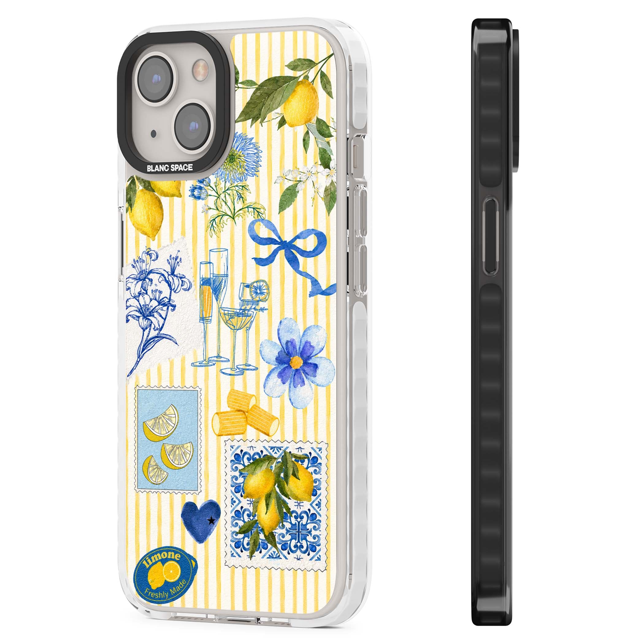 Limone Riviera Italian summer iPhone case featuring watercolour lemons, blue ribbon bows and majolica tile stamps on... | Clear Impact case for iPhone 13, iPhone 14, iPhone 15