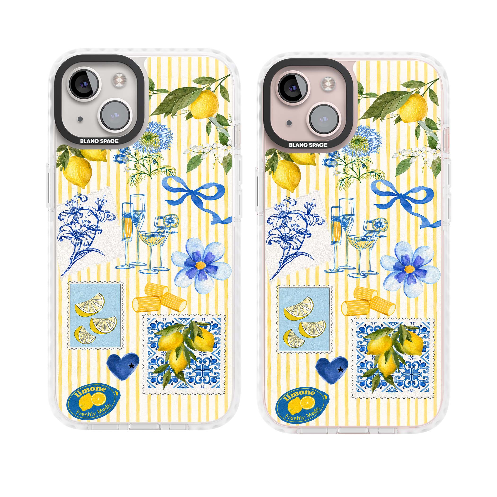 Limone Riviera Italian summer iPhone case featuring watercolour lemons, blue ribbon bows and majolica tile stamps on... | Clear Impact case for iPhone 13, iPhone 14, iPhone 15