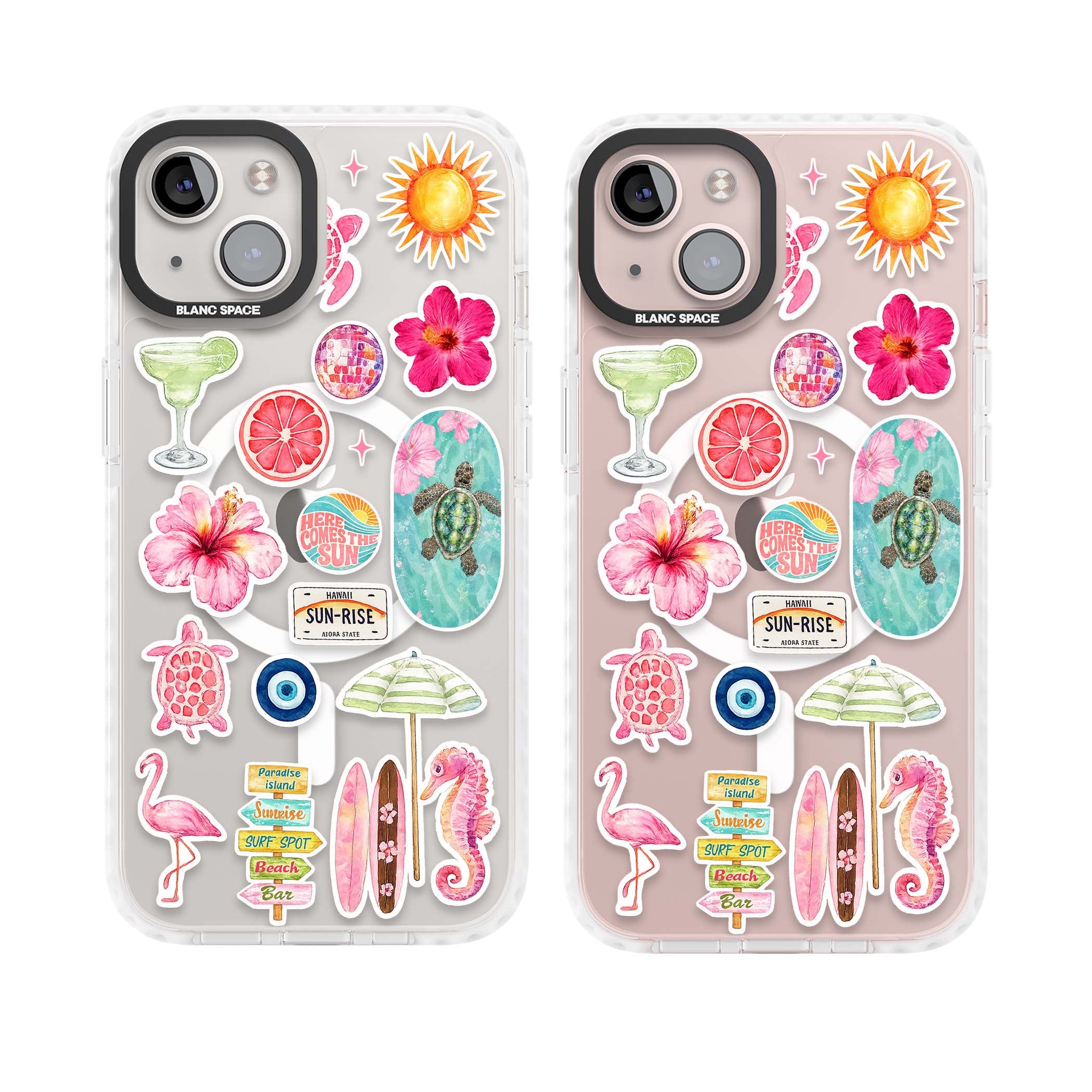 Aloha Sticker Mix tropical summer iPhone case featuring pink hibiscus, sea turtles, flamingo and beach umbrella stickers | Impact Magsafe case for iPhone 13, iPhone 14, iPhone 15