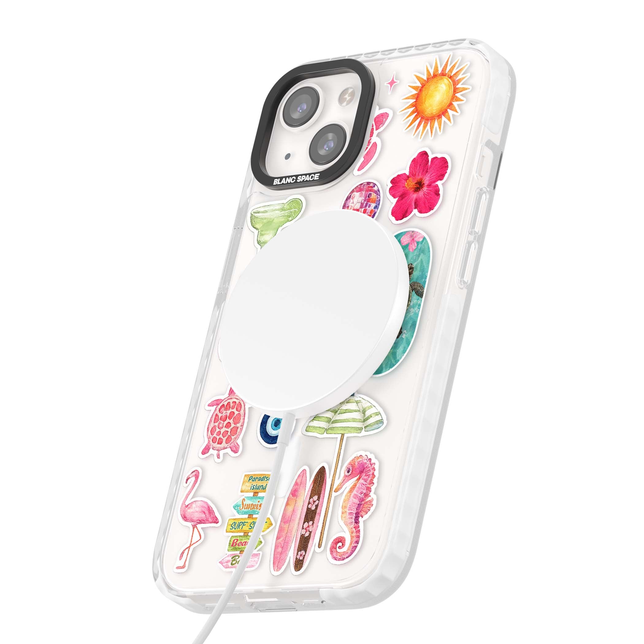 Aloha Sticker Mix tropical summer iPhone case featuring pink hibiscus, sea turtles, flamingo and beach umbrella stickers | Impact Magsafe case for iPhone 13, iPhone 14, iPhone 15