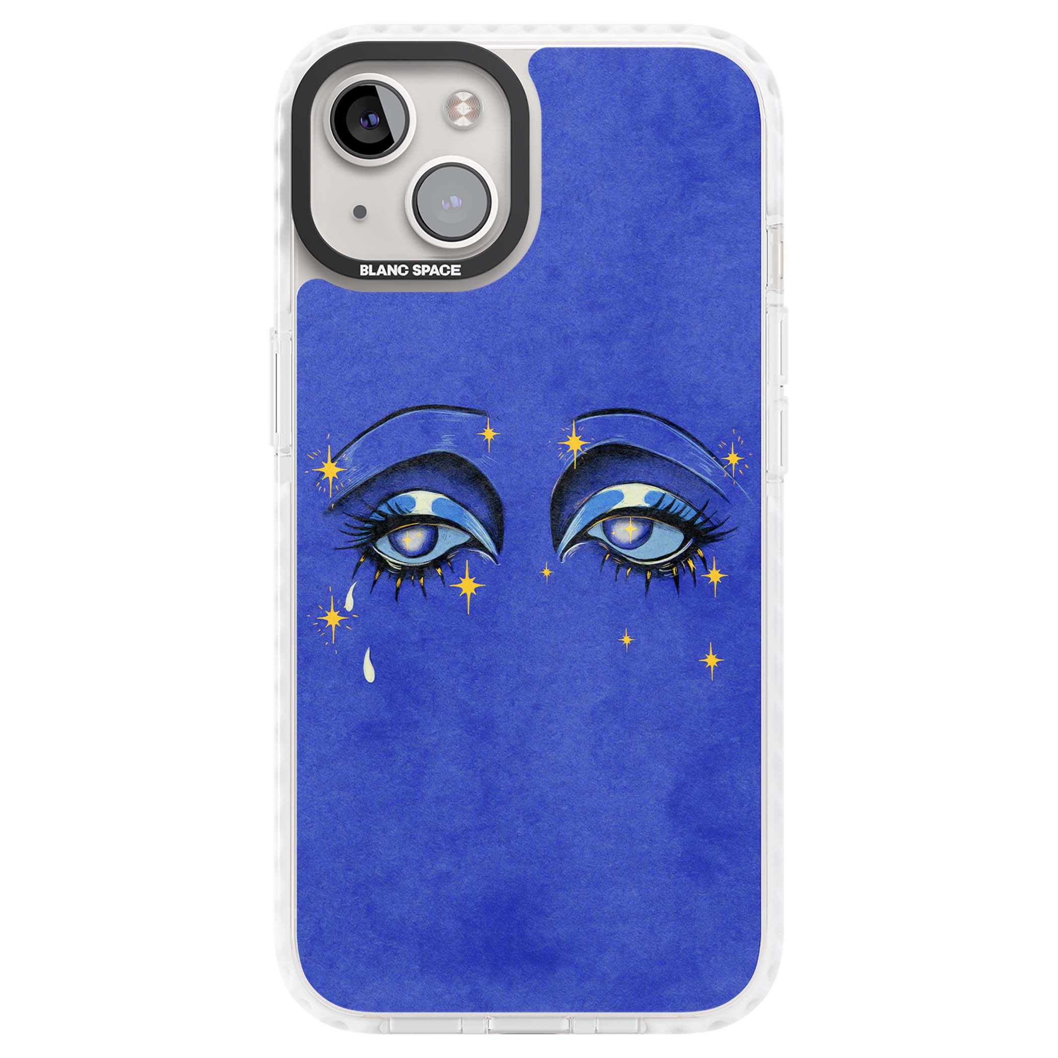 Blue Mystic Eyes celestial iPhone case featuring hand drawn blue mystical eyes, golden stars and a painted tear on indigo | Impact Magsafe case for iPhone 13, iPhone 14, iPhone 15