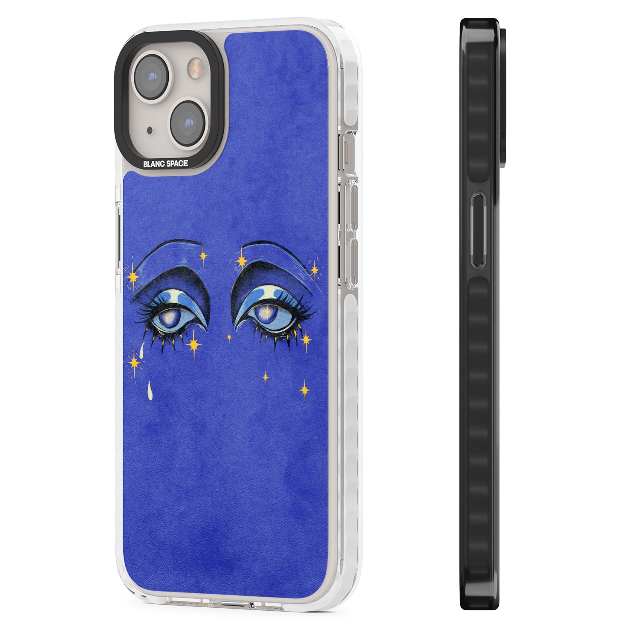 Blue Mystic Eyes celestial iPhone case featuring hand drawn blue mystical eyes, golden stars and a painted tear on indigo | Impact Magsafe case for iPhone 13, iPhone 14, iPhone 15