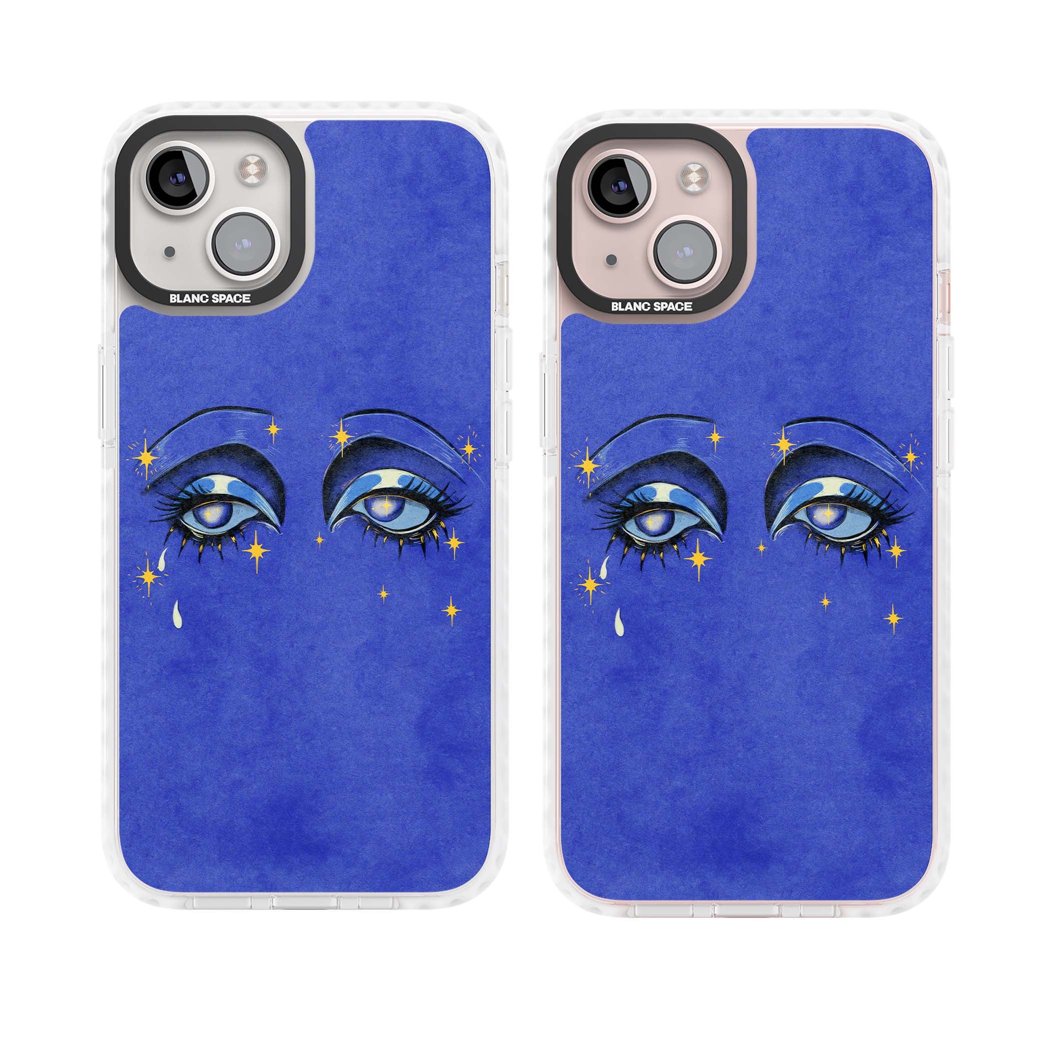 Blue Mystic Eyes celestial iPhone case featuring hand drawn blue mystical eyes, golden stars and a painted tear on indigo | Impact Magsafe case for iPhone 13, iPhone 14, iPhone 15