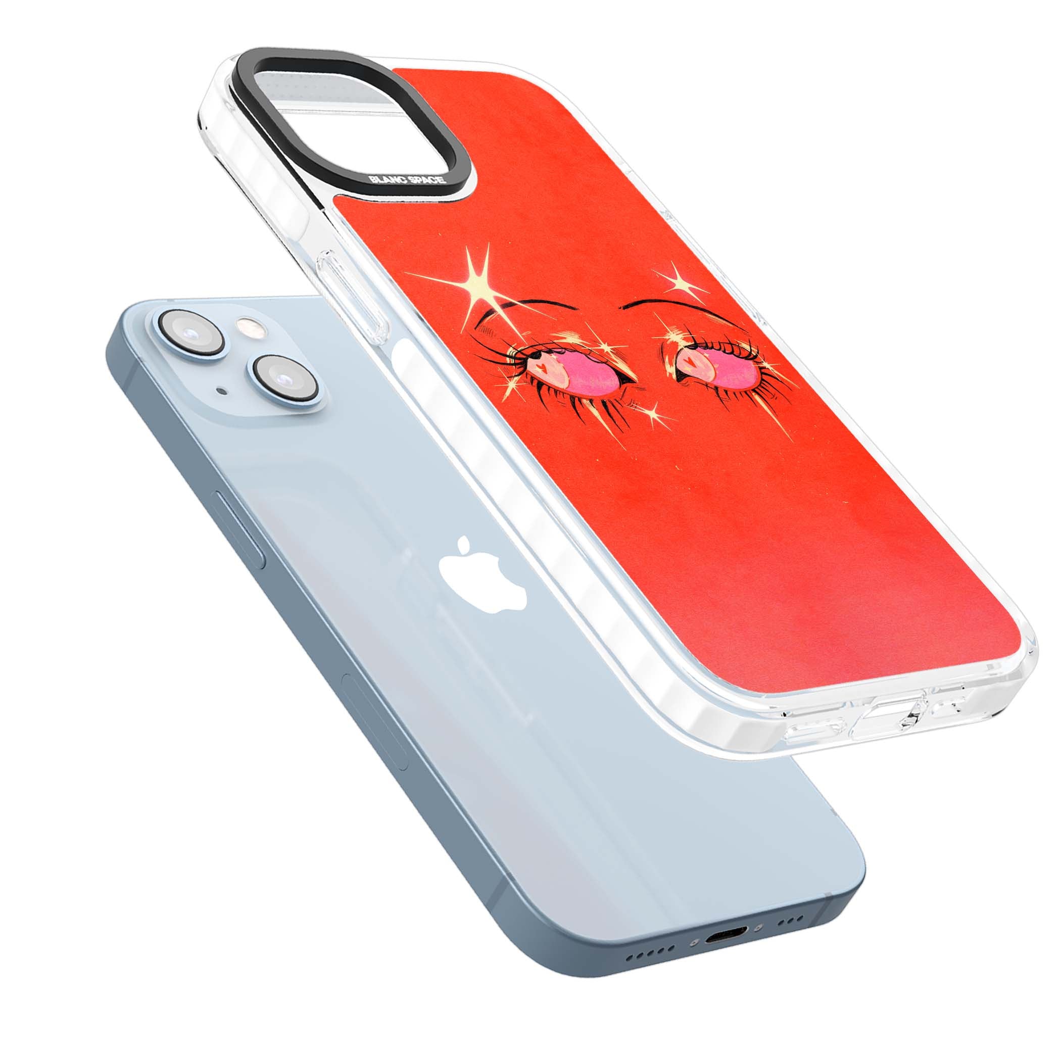 Pink Ethereal Eyes anime iPhone case featuring hand-drawn sparkly eyes with pink hearts and gold stars on red | Impact Magsafe case for iPhone 13, iPhone 14, iPhone 15