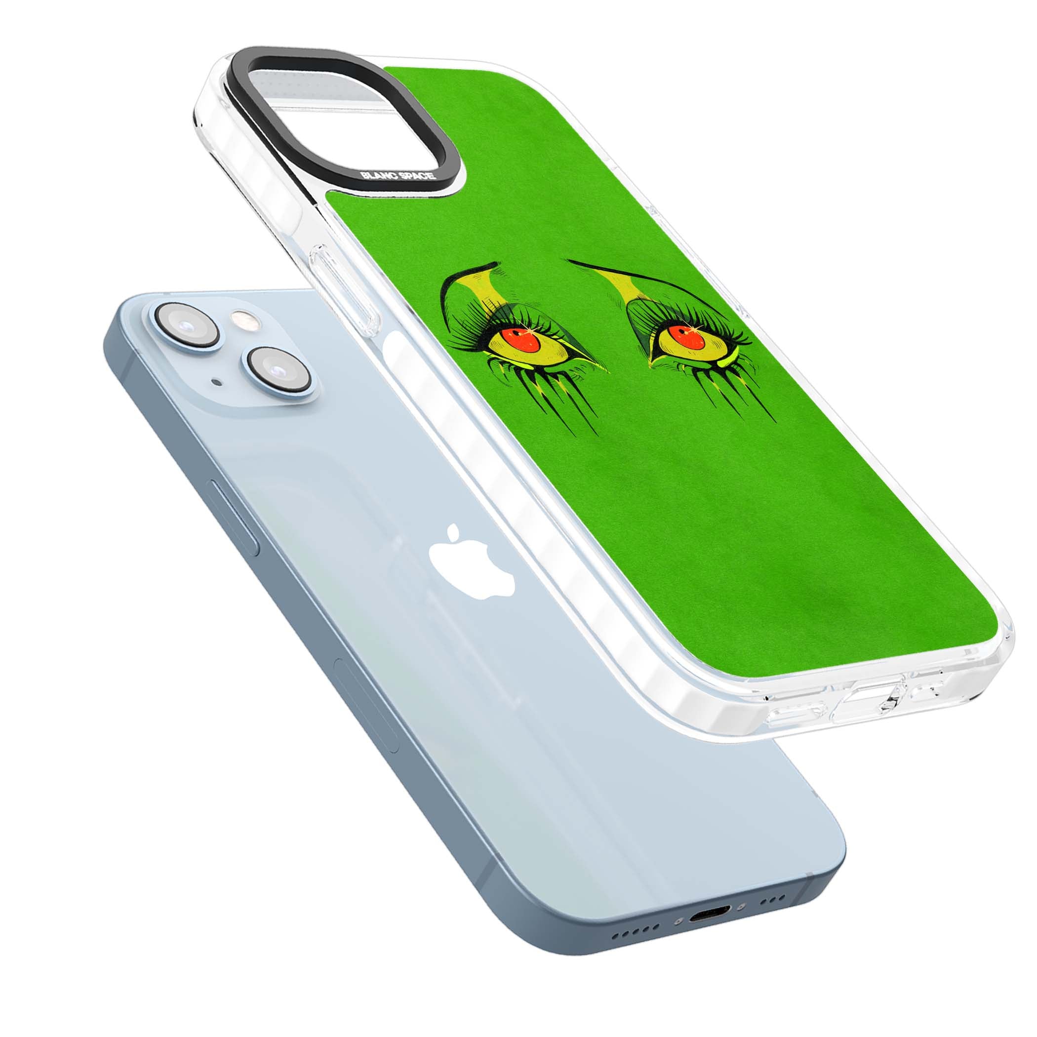 Green Enchanted Eyes psychedelic art iPhone case featuring hand-drawn dripping eyes on neon green background | Impact Magsafe case for iPhone 13, iPhone 14, iPhone 15