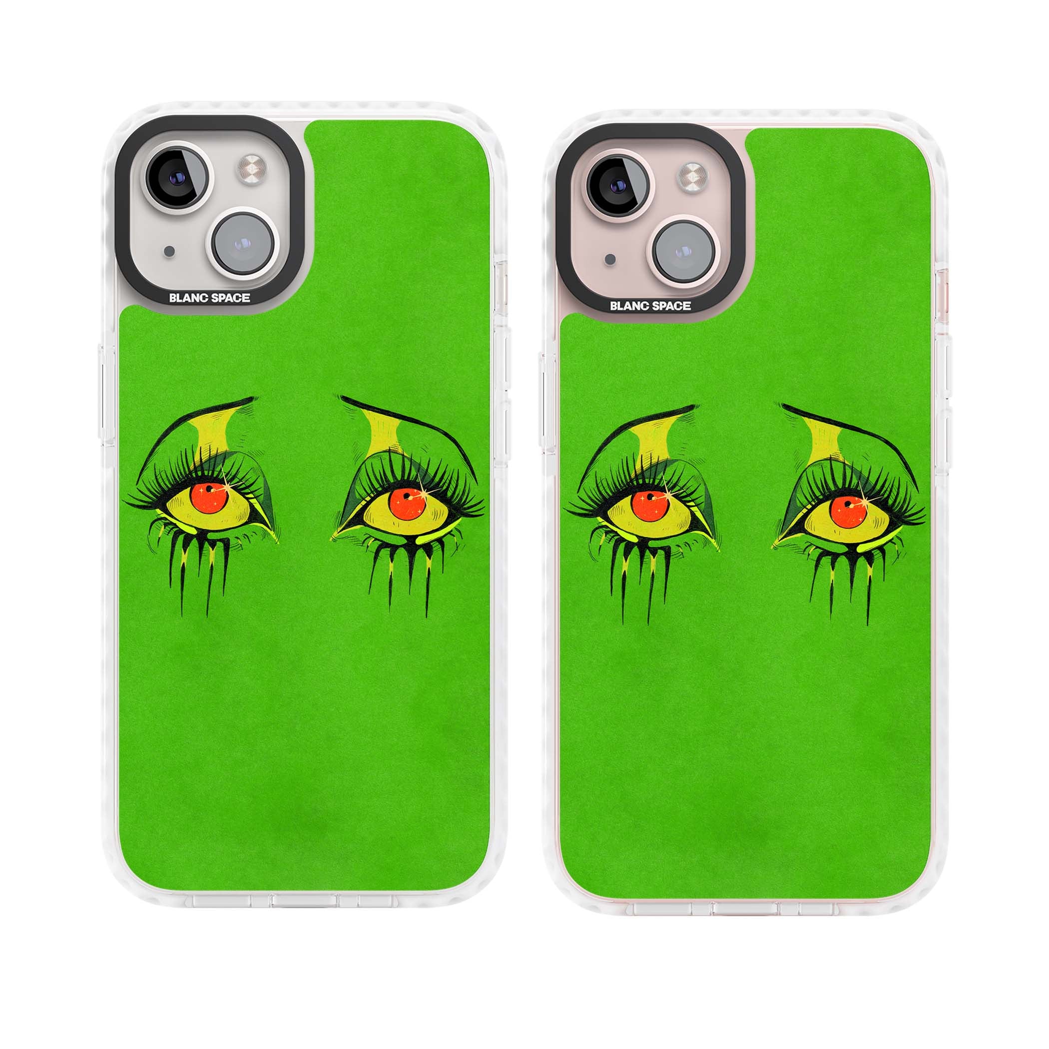 Green Enchanted Eyes psychedelic art iPhone case featuring hand-drawn dripping eyes on neon green background | Impact Magsafe case for iPhone 13, iPhone 14, iPhone 15