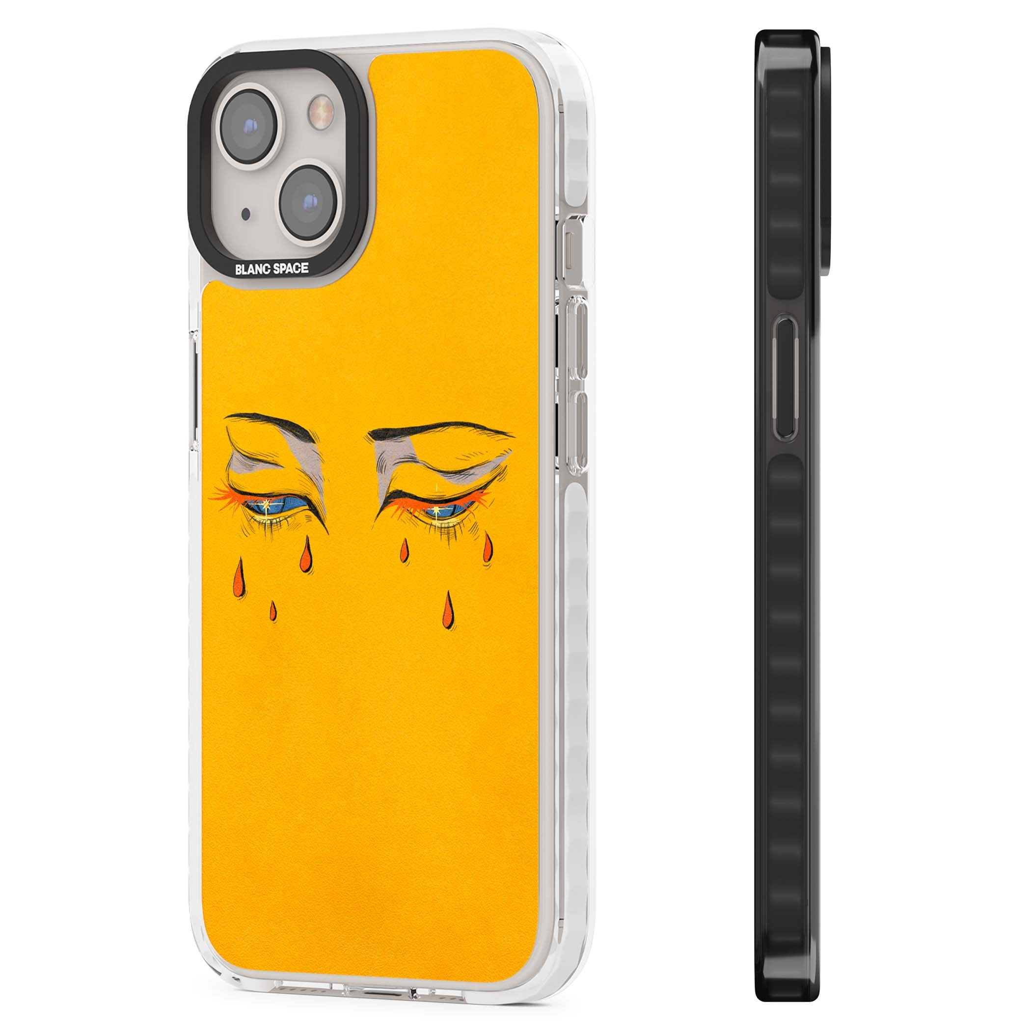 Yellow Tearful Eyes indie iPhone case featuring hand-drawn crying eyes with orange tears on a yellow background | Impact Magsafe case for iPhone 13, iPhone 14, iPhone 15