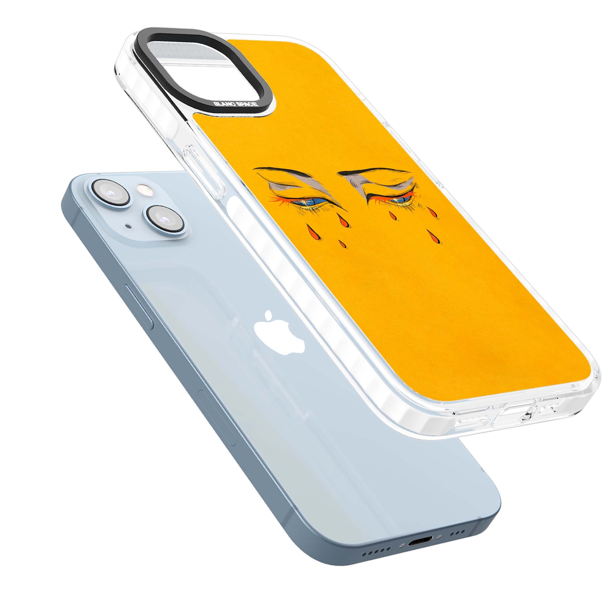 Yellow Tearful Eyes indie iPhone case featuring hand-drawn crying eyes with orange tears on a yellow background | Impact Magsafe case for iPhone 13, iPhone 14, iPhone 15