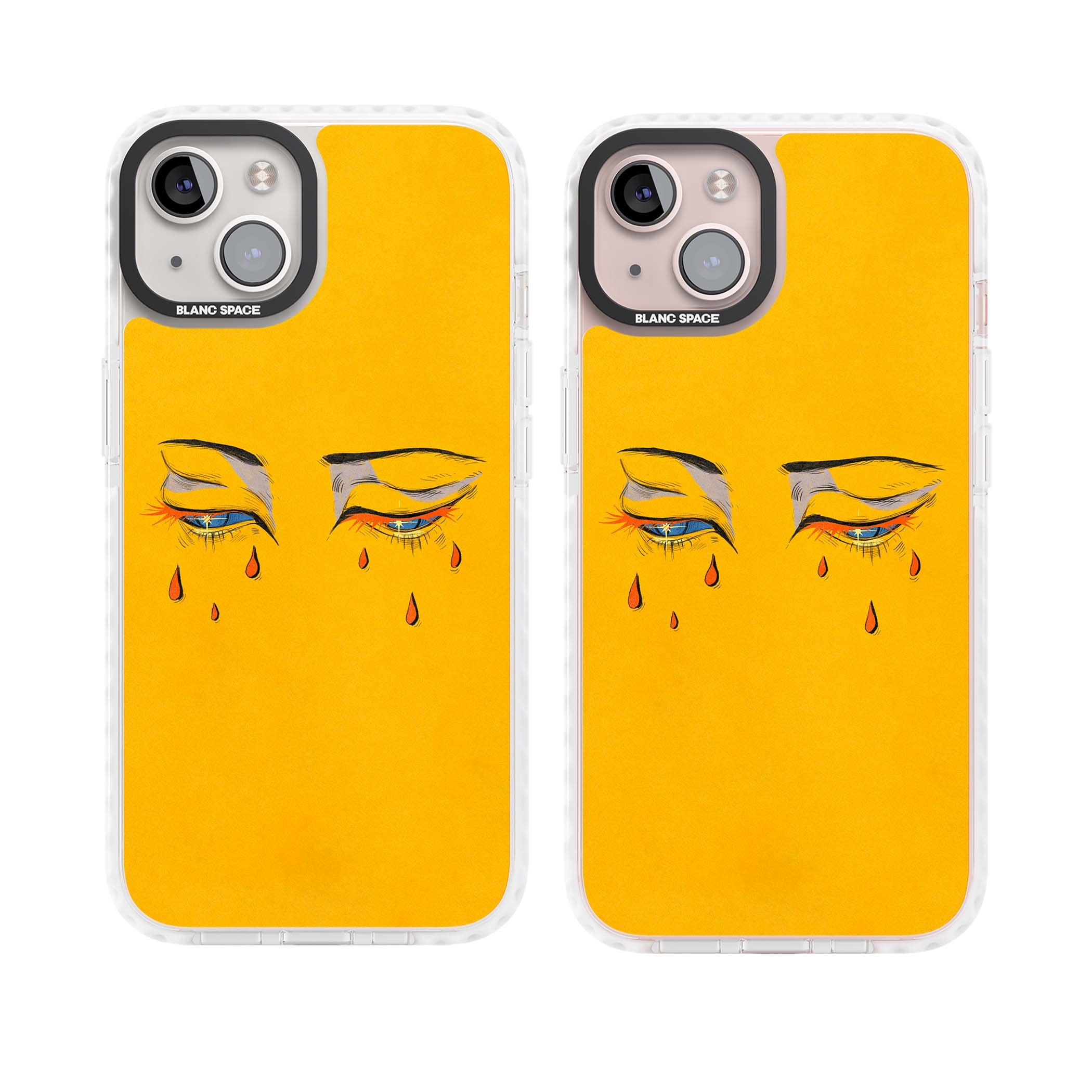 Yellow Tearful Eyes indie iPhone case featuring hand-drawn crying eyes with orange tears on a yellow background | Impact Magsafe case for iPhone 13, iPhone 14, iPhone 15