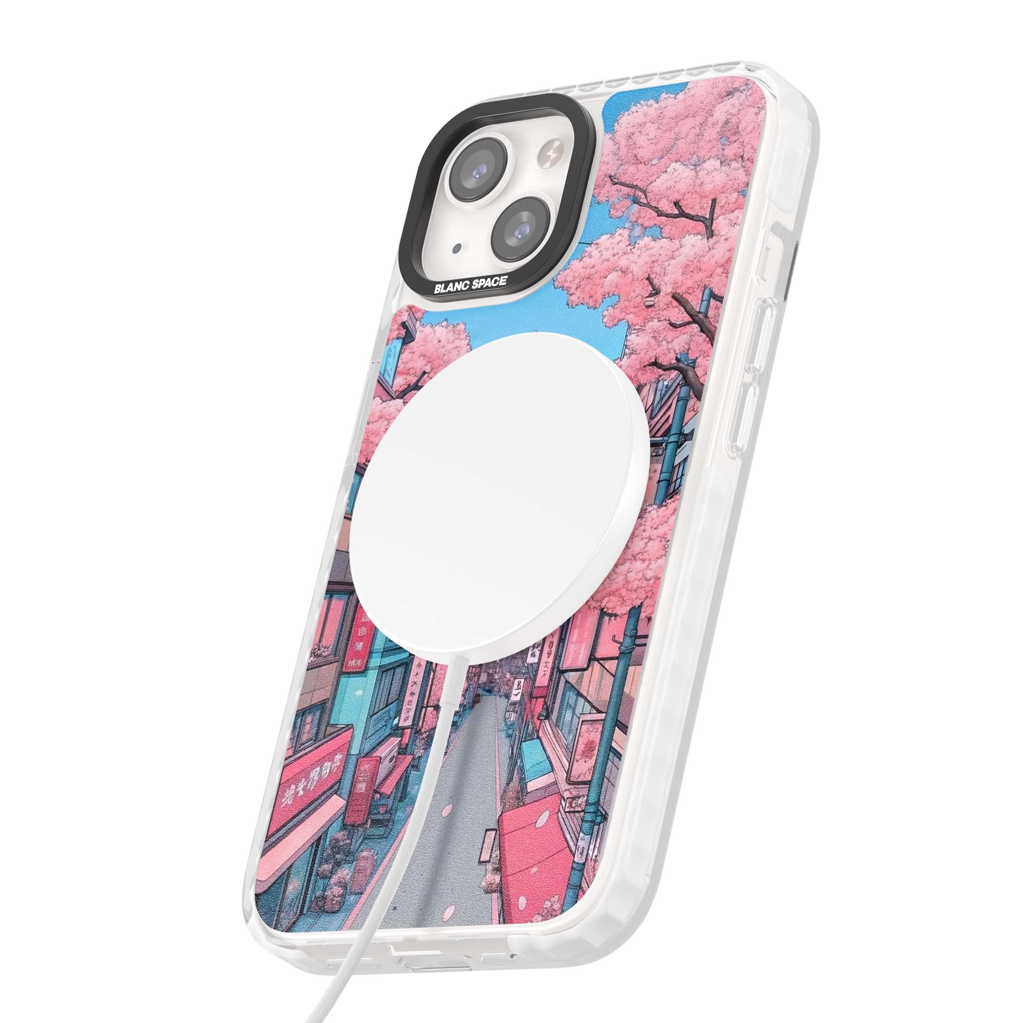 Sakura Lane anime iPhone case featuring Tokyo street scene with cherry blossoms and Mount Fuji | Impact Magsafe case for iPhone 13, iPhone 14, iPhone 15