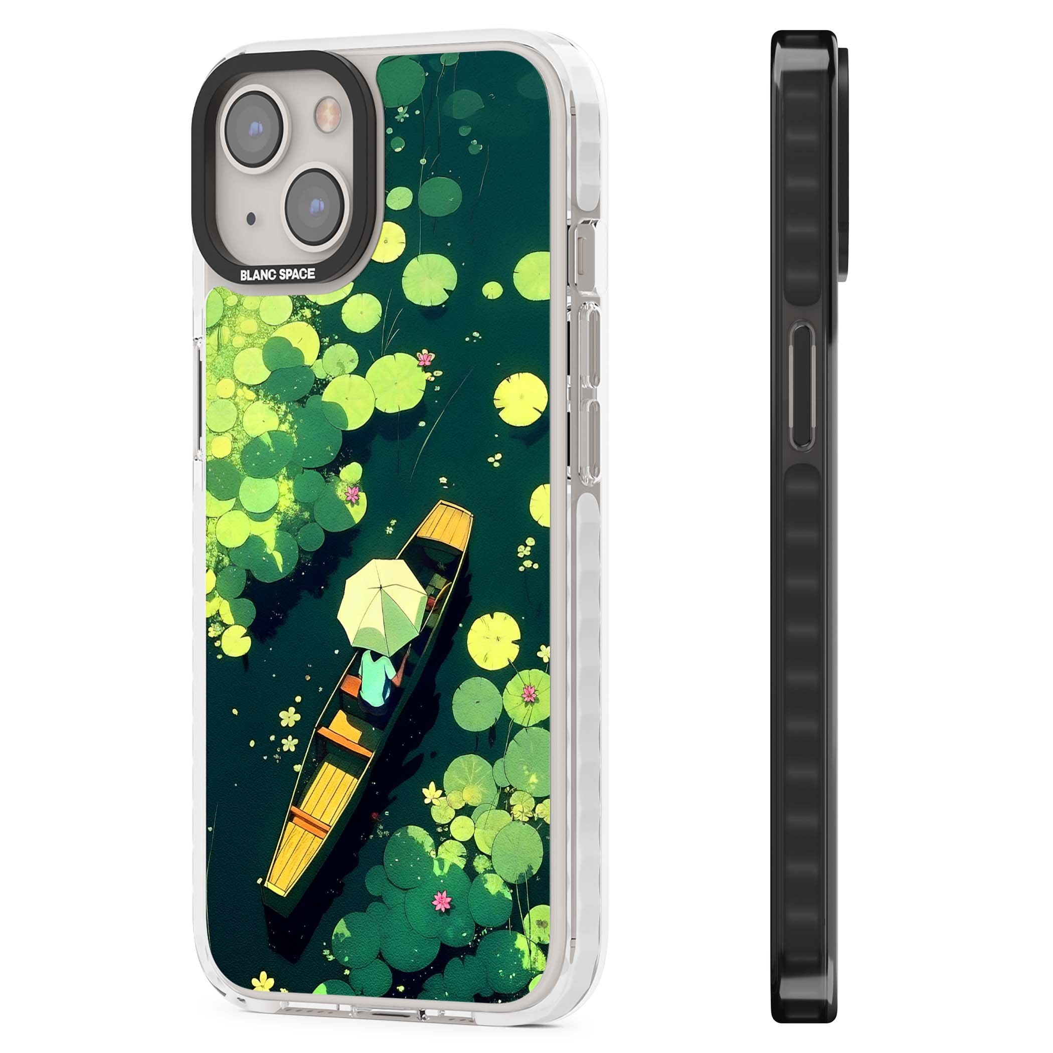 Jade Waters cottagecore iPhone case featuring a painted lily pond, wooden boat with parasol and floating water lilies | Impact Magsafe case for iPhone 13, iPhone 14, iPhone 15