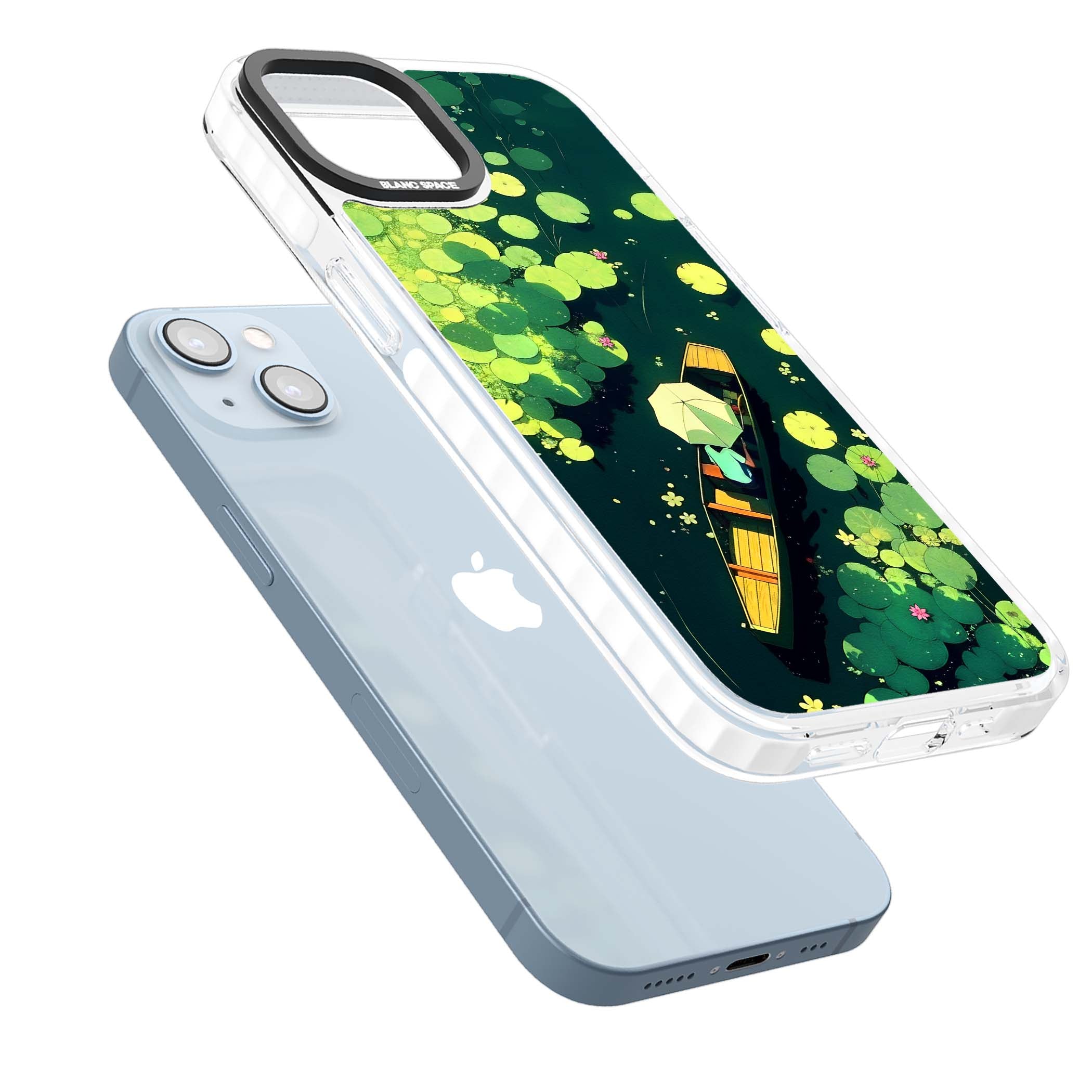 Jade Waters cottagecore iPhone case featuring a painted lily pond, wooden boat with parasol and floating water lilies | Impact Magsafe case for iPhone 13, iPhone 14, iPhone 15