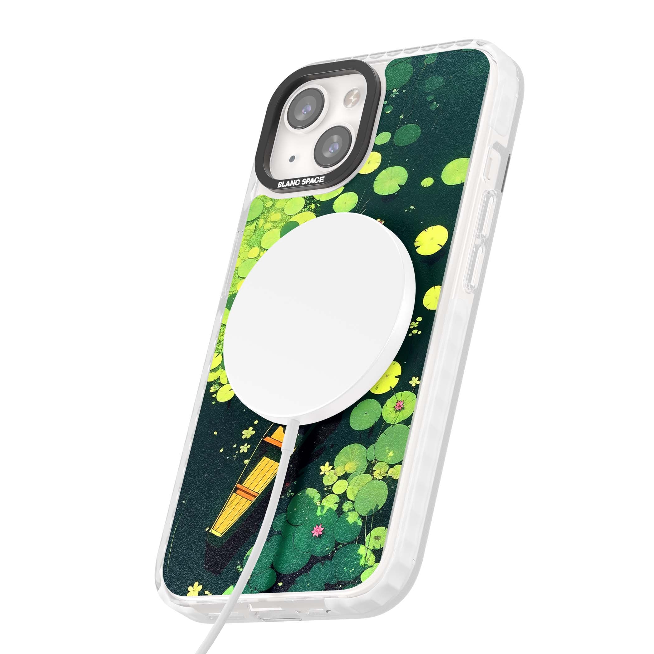Jade Waters cottagecore iPhone case featuring a painted lily pond, wooden boat with parasol and floating water lilies | Impact Magsafe case for iPhone 13, iPhone 14, iPhone 15