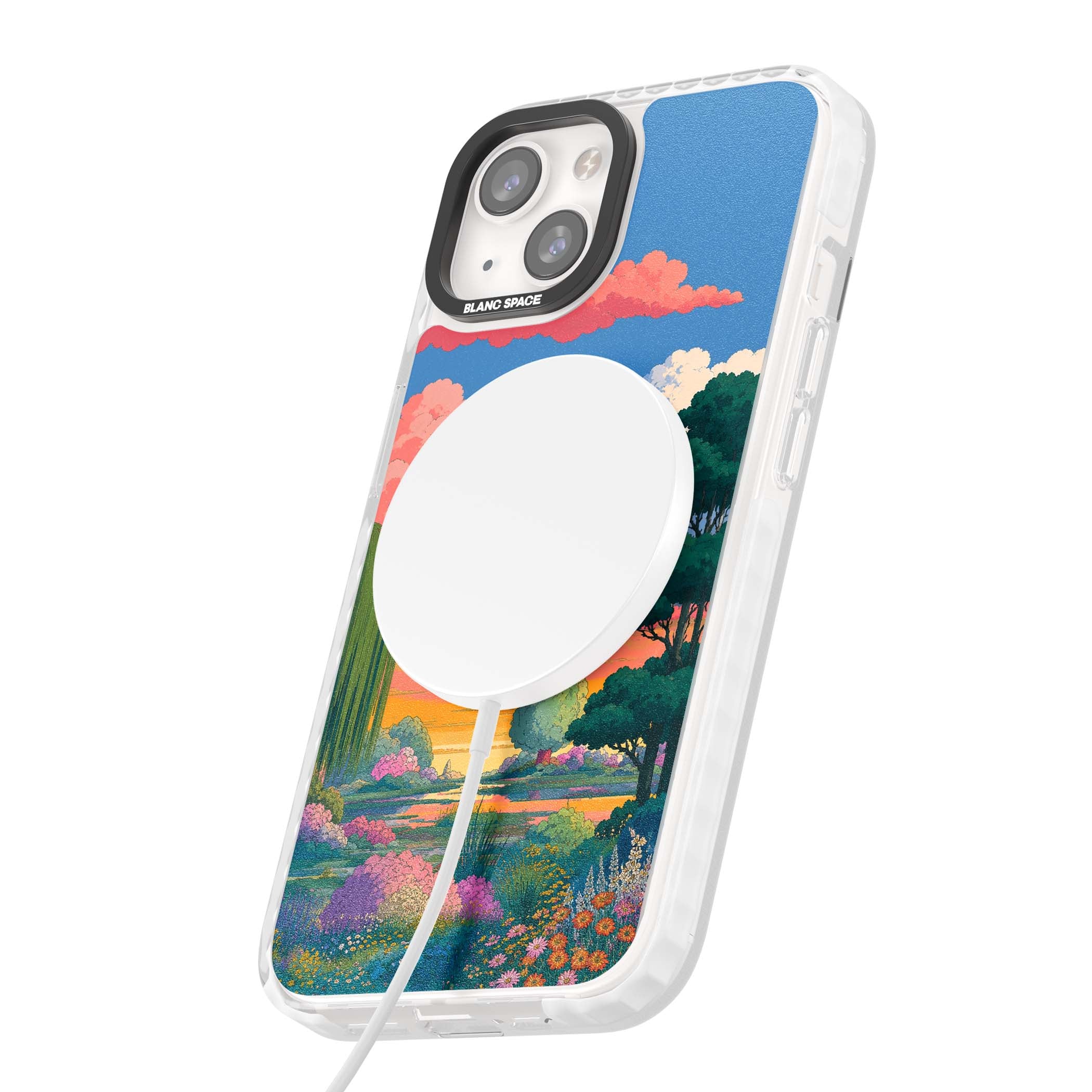 Dream Valley anime landscape iPhone case featuring pink sunset clouds, willow trees and wildflowers | Impact Magsafe case for iPhone 13, iPhone 14, iPhone 15