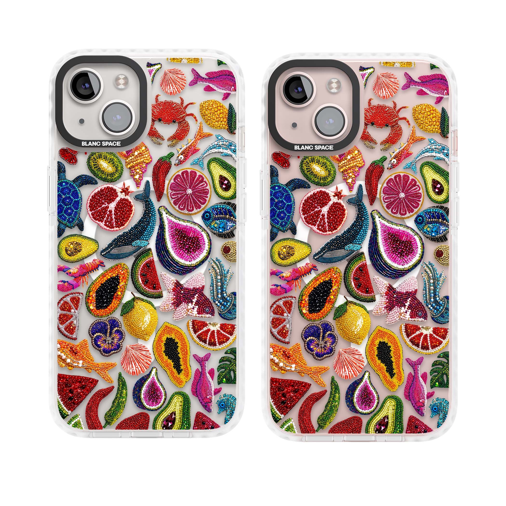 Beaded Tropic tropical iPhone case featuring beaded fruit, fish, crabs and seashells in vibrant colour | Impact Magsafe case for iPhone 13, iPhone 14, iPhone 15