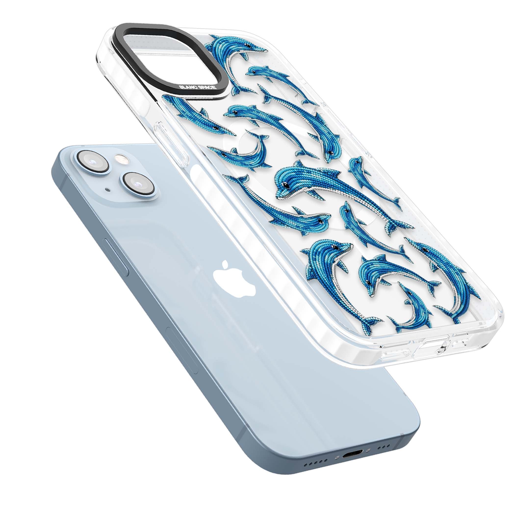 Beaded Dolphins coastal iPhone case featuring beaded dolphins in blue and white swimming across a clear background | Impact Magsafe case for iPhone 13, iPhone 14, iPhone 15