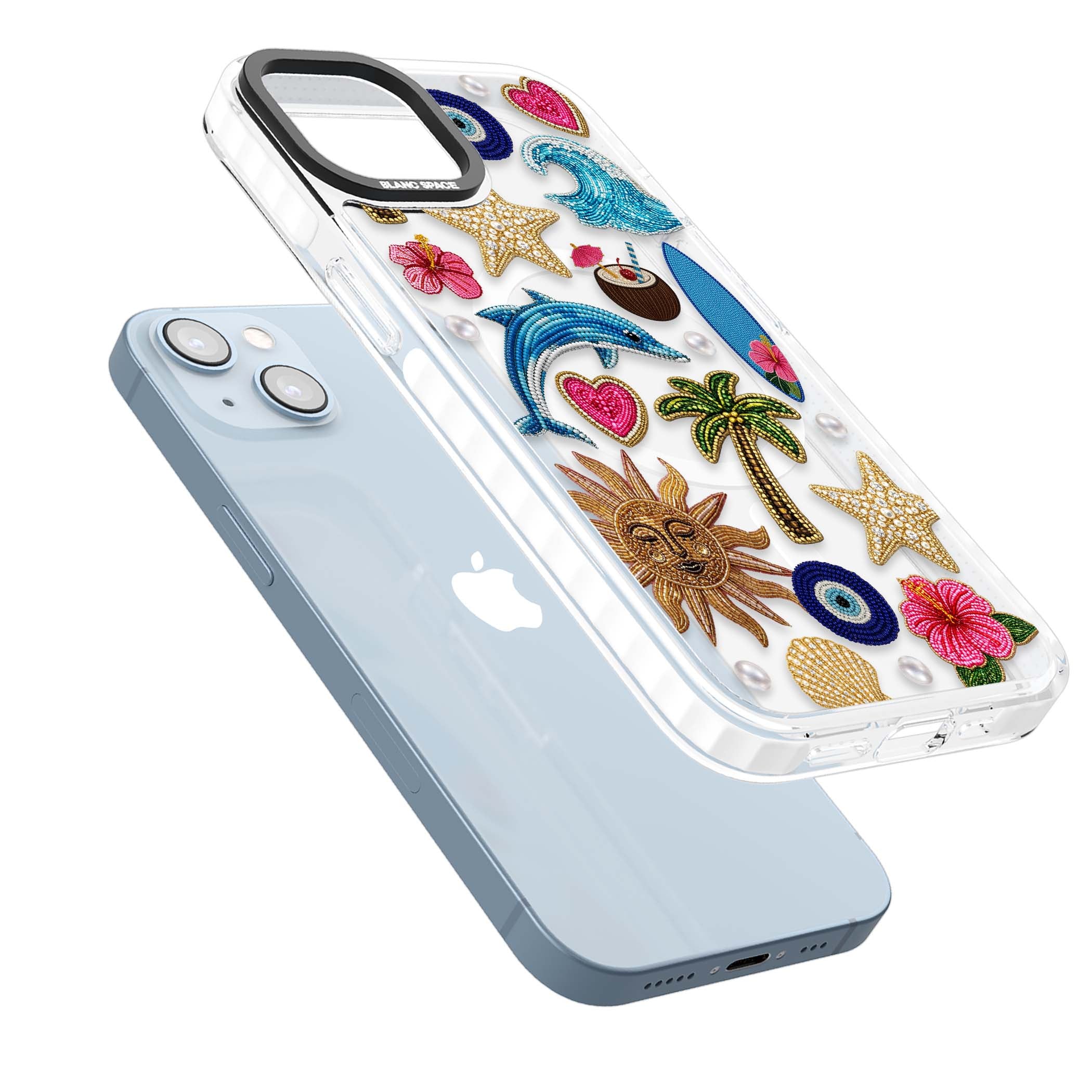 Beaded Beach coastal summer iPhone case featuring embroidered evil eye, hibiscus flowers, dolphin and palm tree patches | Impact Magsafe case for iPhone 13, iPhone 14, iPhone 15