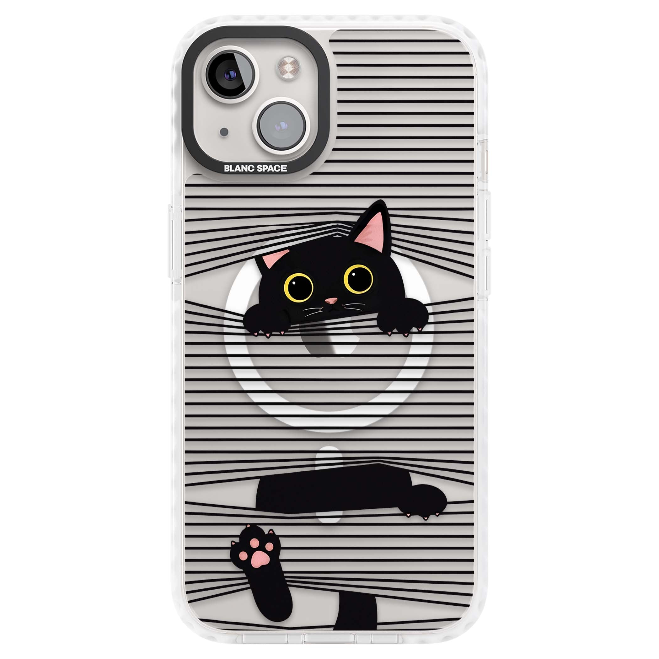 Peek-a-Boo Cat minimal iPhone case featuring black cat peeking through horizontal black and white stripes | Impact Magsafe case for iPhone 13, iPhone 14, iPhone 15