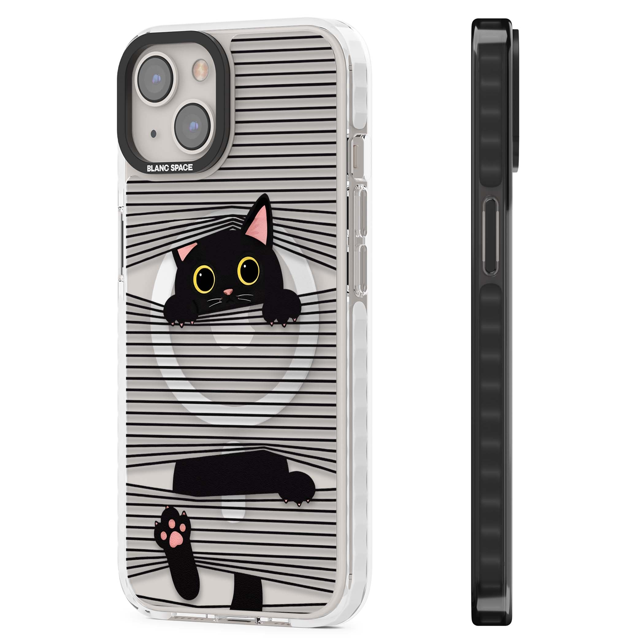 Peek-a-Boo Cat minimal iPhone case featuring black cat peeking through horizontal black and white stripes | Impact Magsafe case for iPhone 13, iPhone 14, iPhone 15