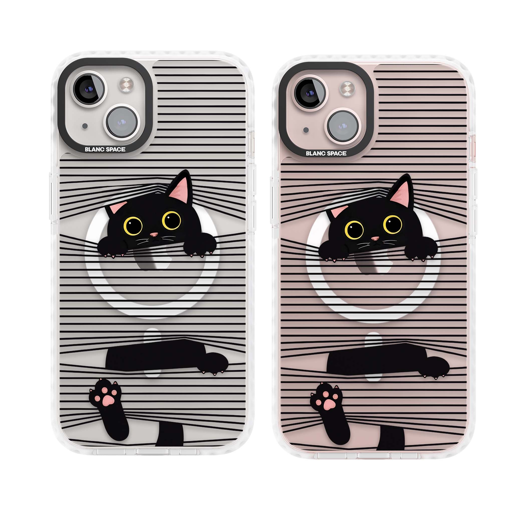 Peek-a-Boo Cat minimal iPhone case featuring black cat peeking through horizontal black and white stripes | Impact Magsafe case for iPhone 13, iPhone 14, iPhone 15
