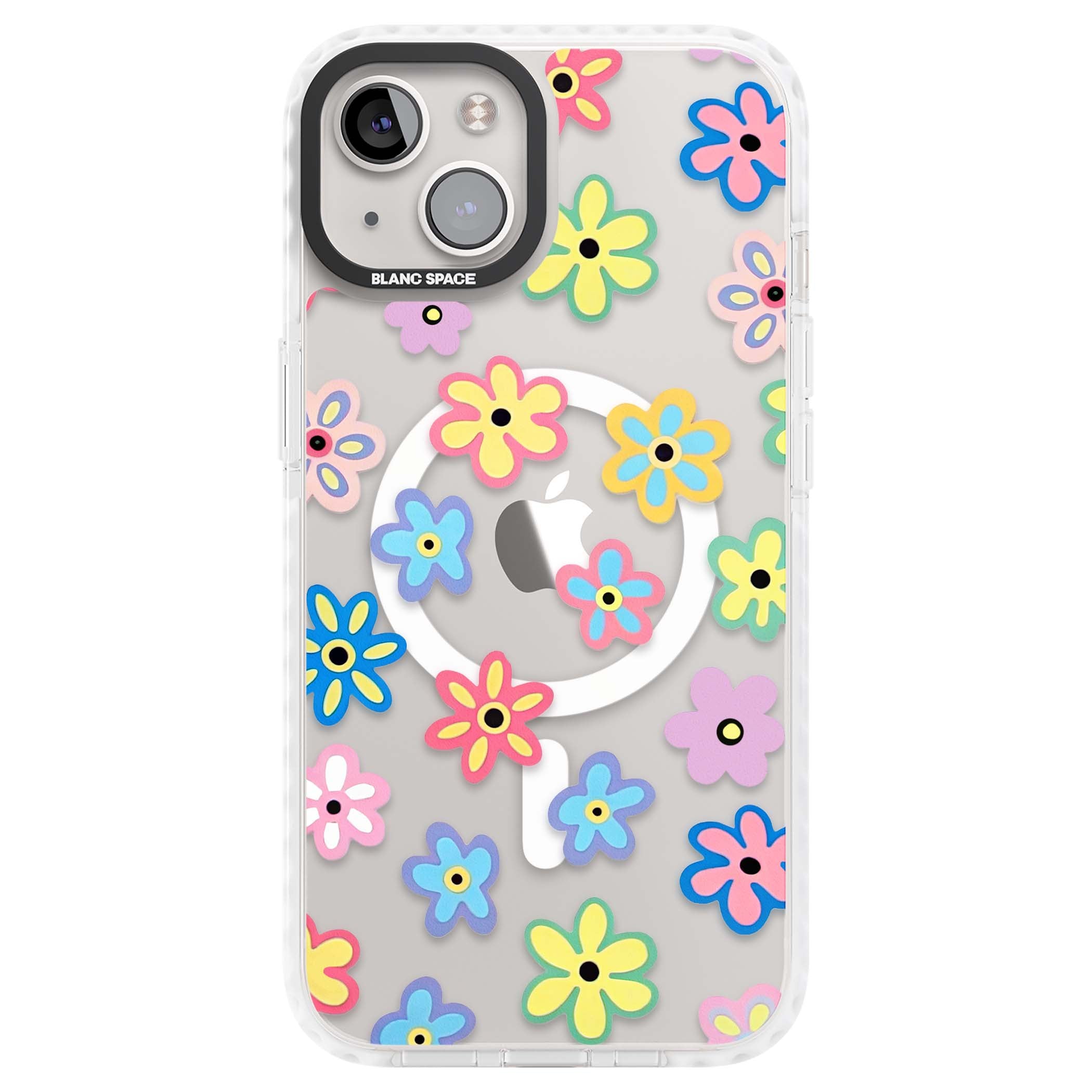 Bloom Pop cottagecore iPhone case featuring multicolor pastel flowers with black centers on clear background | Impact Magsafe case for iPhone 13, iPhone 14, iPhone 15