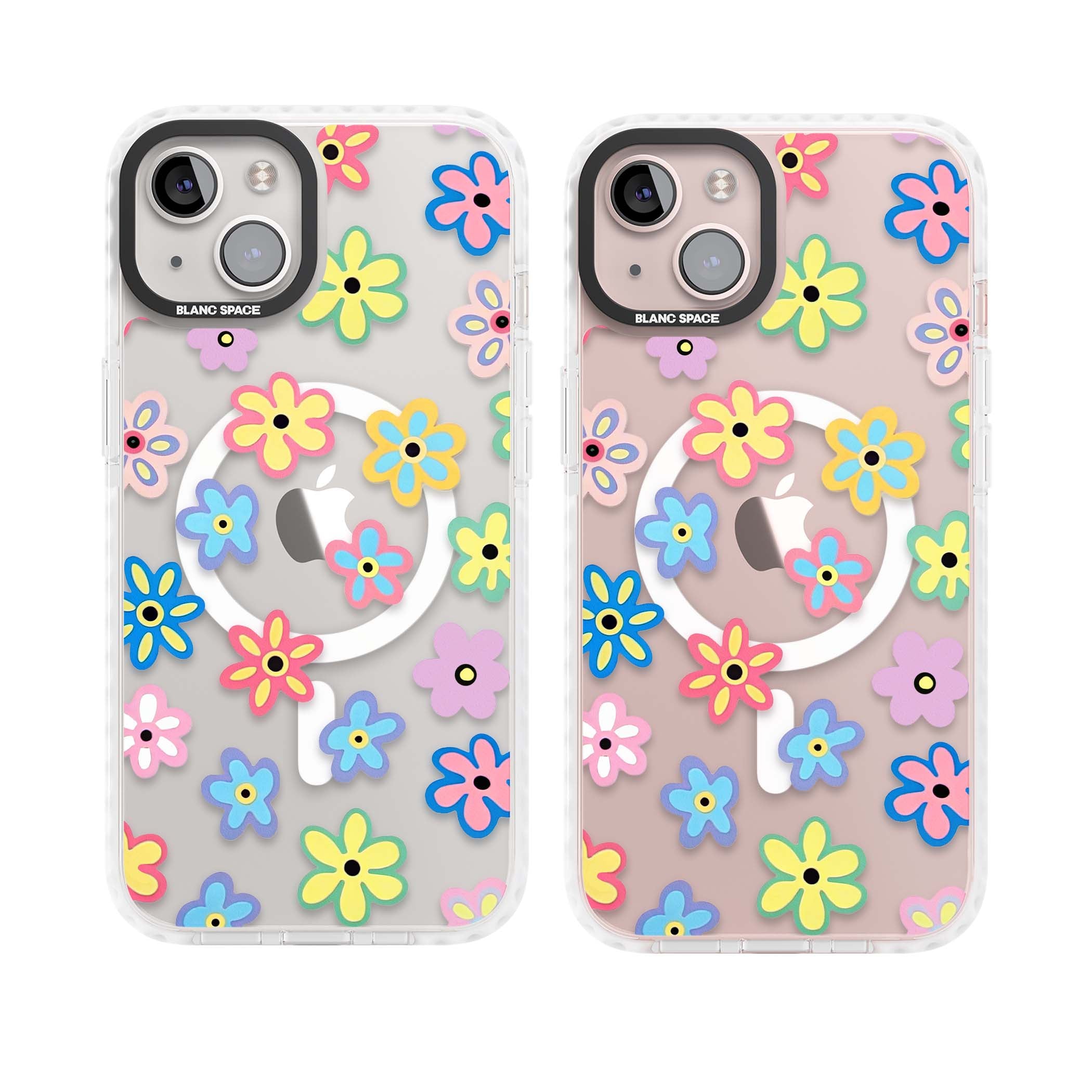 Bloom Pop cottagecore iPhone case featuring multicolor pastel flowers with black centers on clear background | Impact Magsafe case for iPhone 13, iPhone 14, iPhone 15