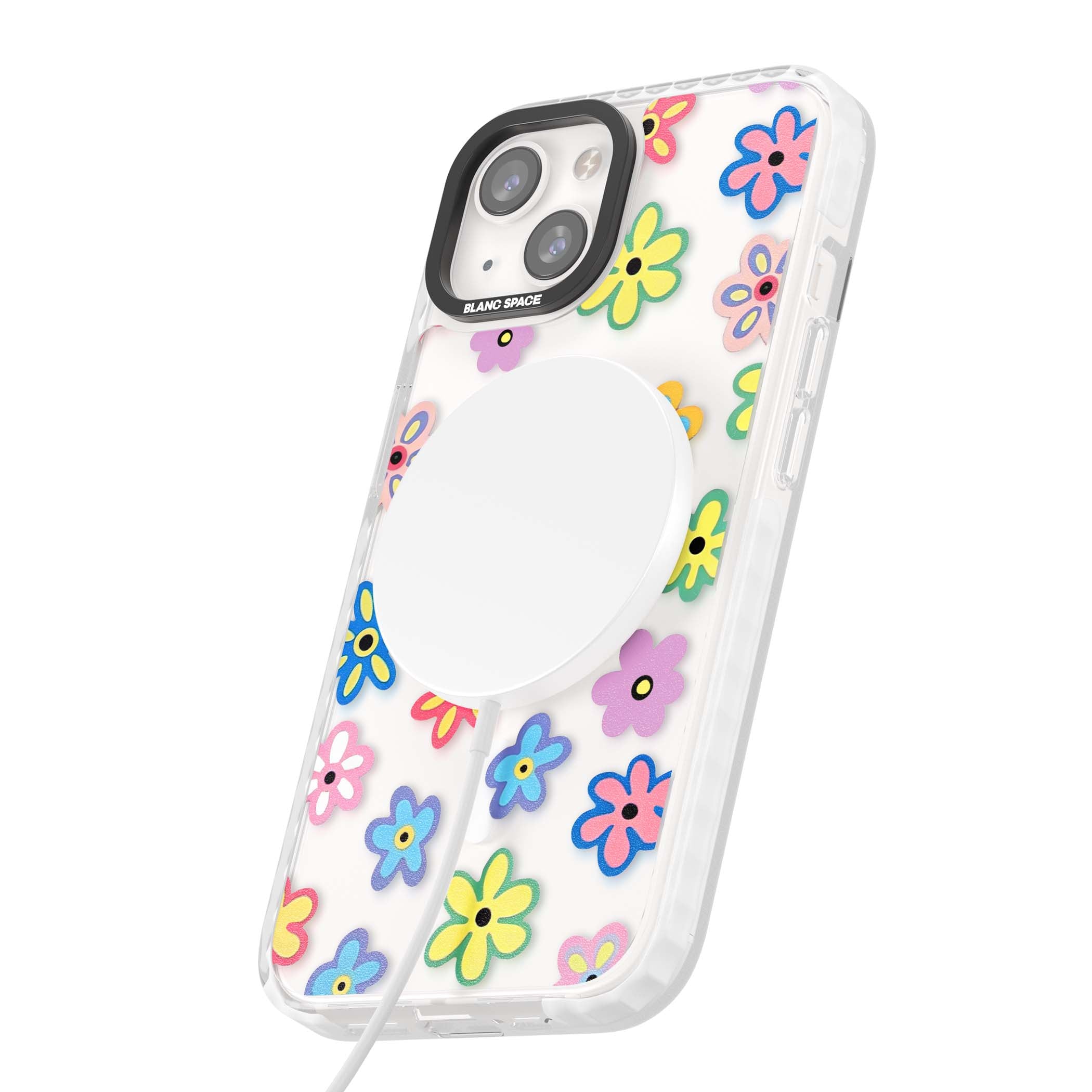 Bloom Pop cottagecore iPhone case featuring multicolor pastel flowers with black centers on clear background | Impact Magsafe case for iPhone 13, iPhone 14, iPhone 15