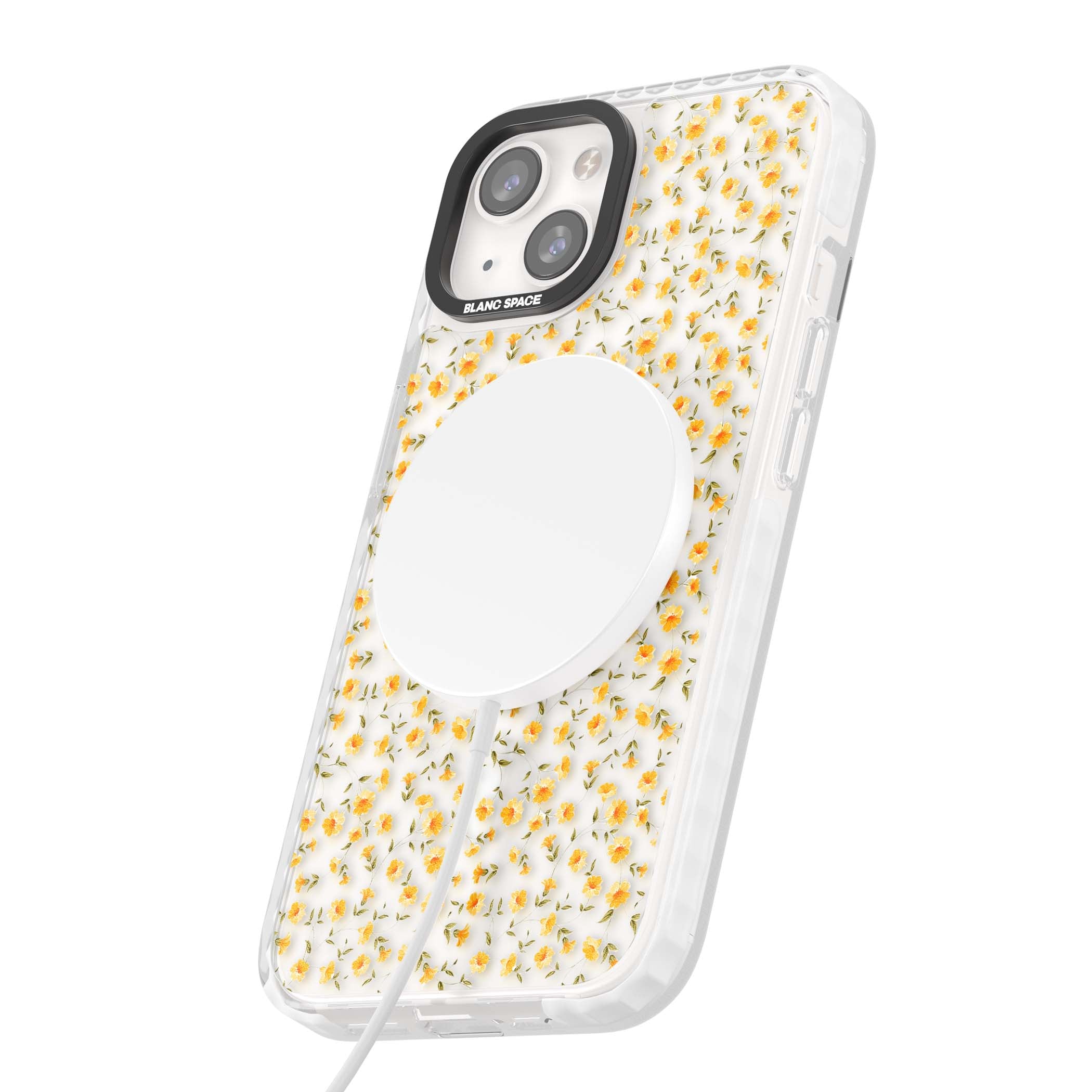 Buttercup wildflower iPhone case featuring tiny yellow flowers and trailing green vines on clear | Impact Magsafe case for iPhone 13, iPhone 14, iPhone 15