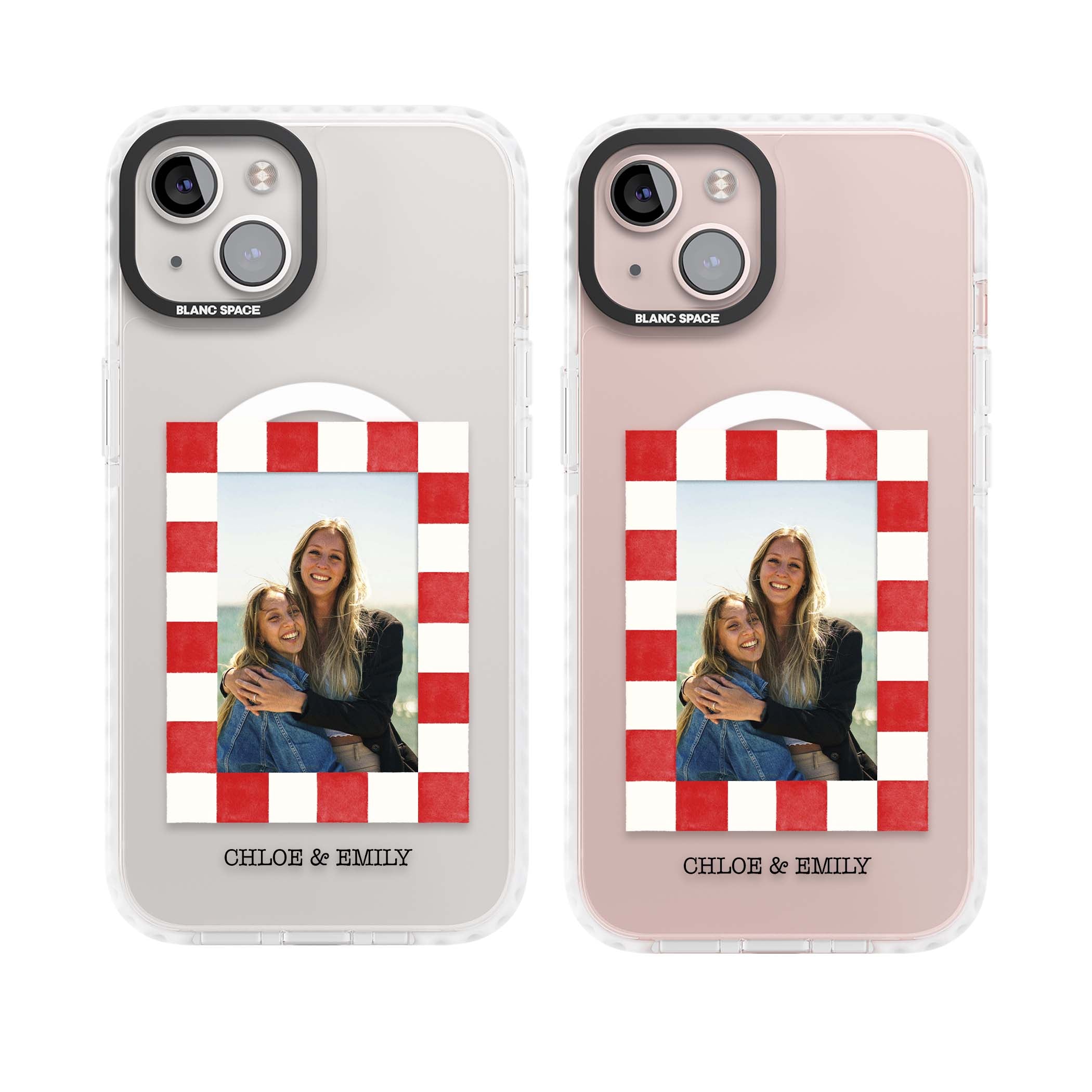 Red Check Photo personalised photo iPhone case with red and white checkered polaroid frame and custom couple name | Impact Magsafe case for iPhone 13, iPhone 14, iPhone 15