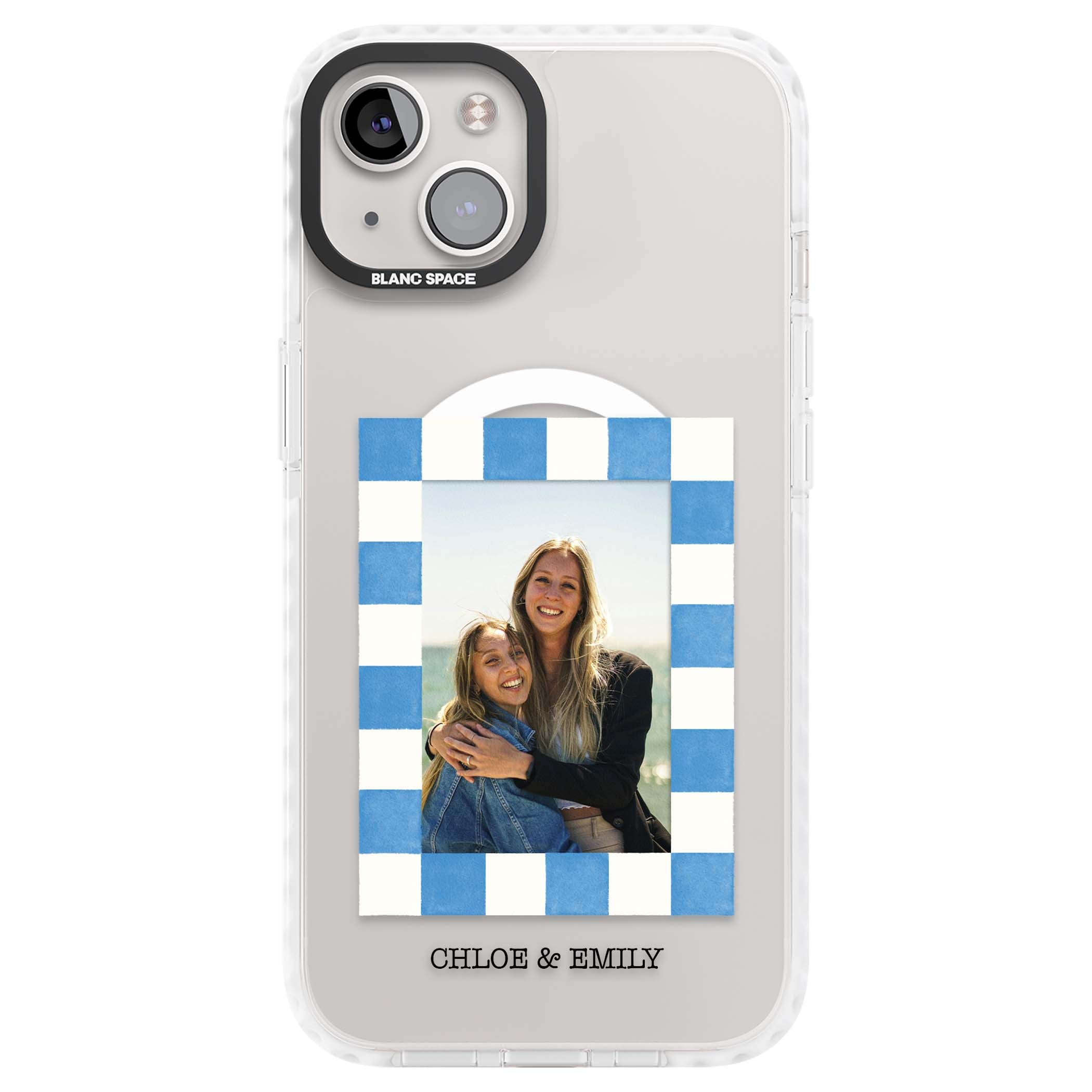 Blue Check Photo personalised photo iPhone case with blue checkered frame and custom couple names | Impact Magsafe case for iPhone 13, iPhone 14, iPhone 15