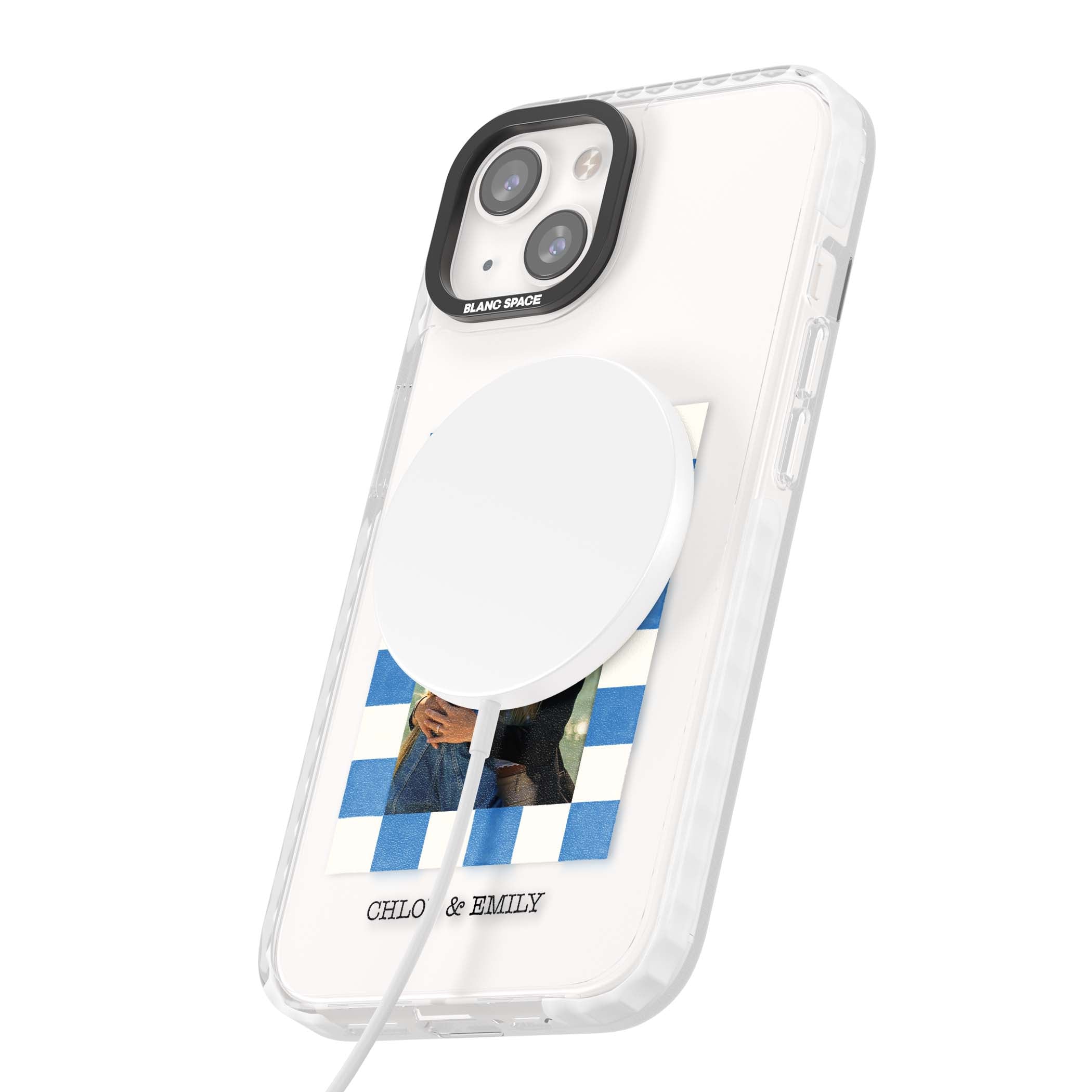 Blue Check Photo personalised photo iPhone case with blue checkered frame and custom couple names | Impact Magsafe case for iPhone 13, iPhone 14, iPhone 15