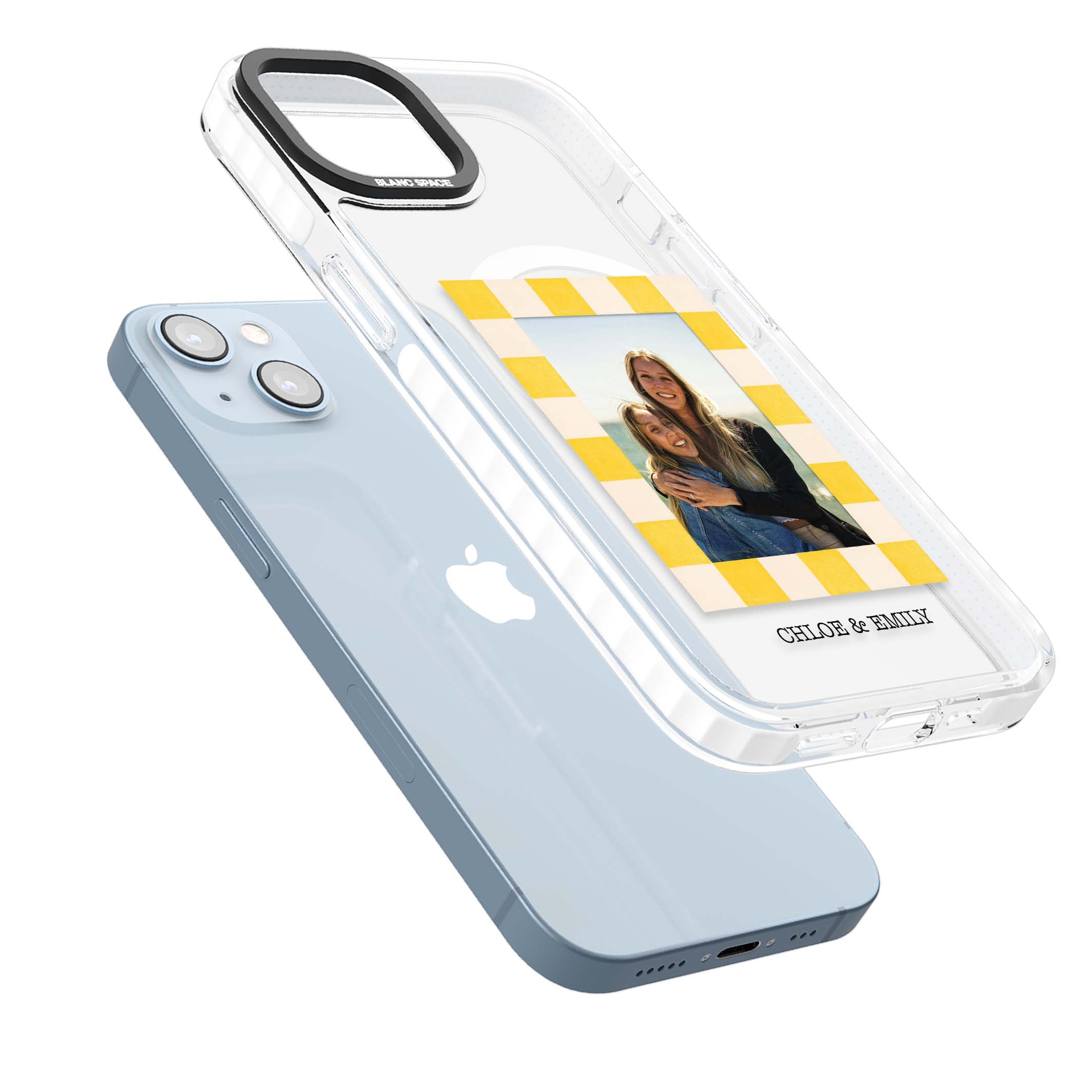 Yellow Check Photo personalised iPhone case with yellow checkered Polaroid frame and custom names beneath | Impact Magsafe case for iPhone 13, iPhone 14, iPhone 15