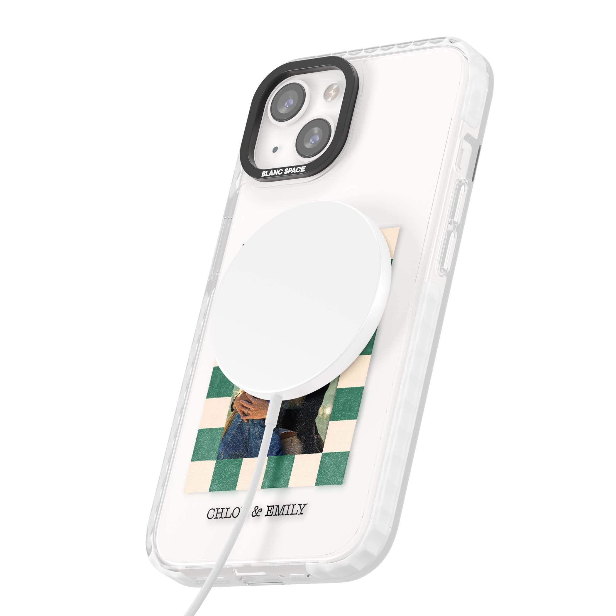 Seafoam Check Photo personalised iPhone case featuring a custom polaroid photo, green and cream checkered frame, and custom n | Impact Magsafe case for iPhone 13, iPhone 14, iPhone 15