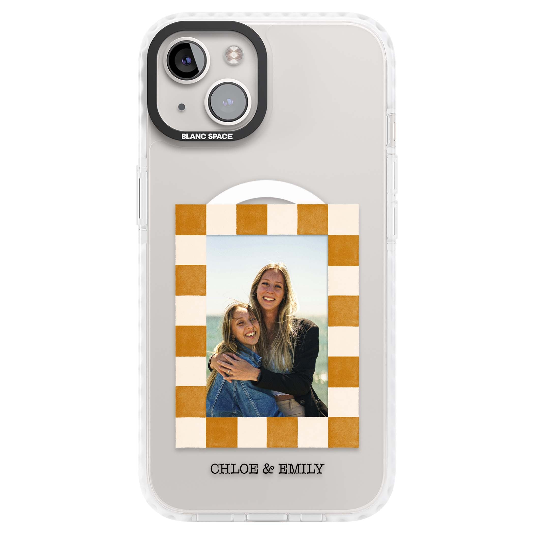 Citrus Check Photo personalised iPhone case with custom photo, orange checkered frame and names underneath | Impact Magsafe case for iPhone 13, iPhone 14, iPhone 15